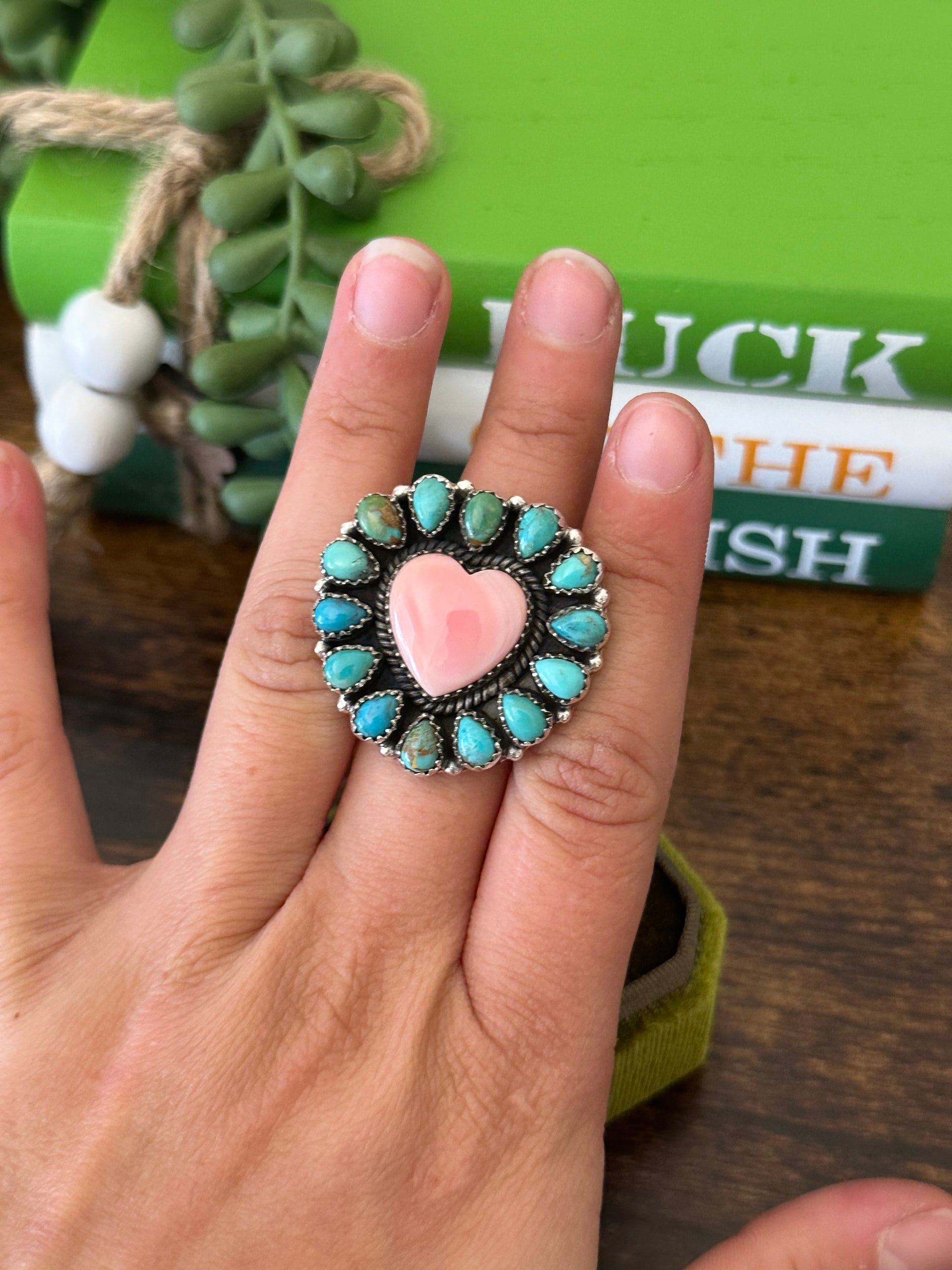 Southwest Handmade Multi Stone & Sterling Silver Adjustable Cluster Heart Ring