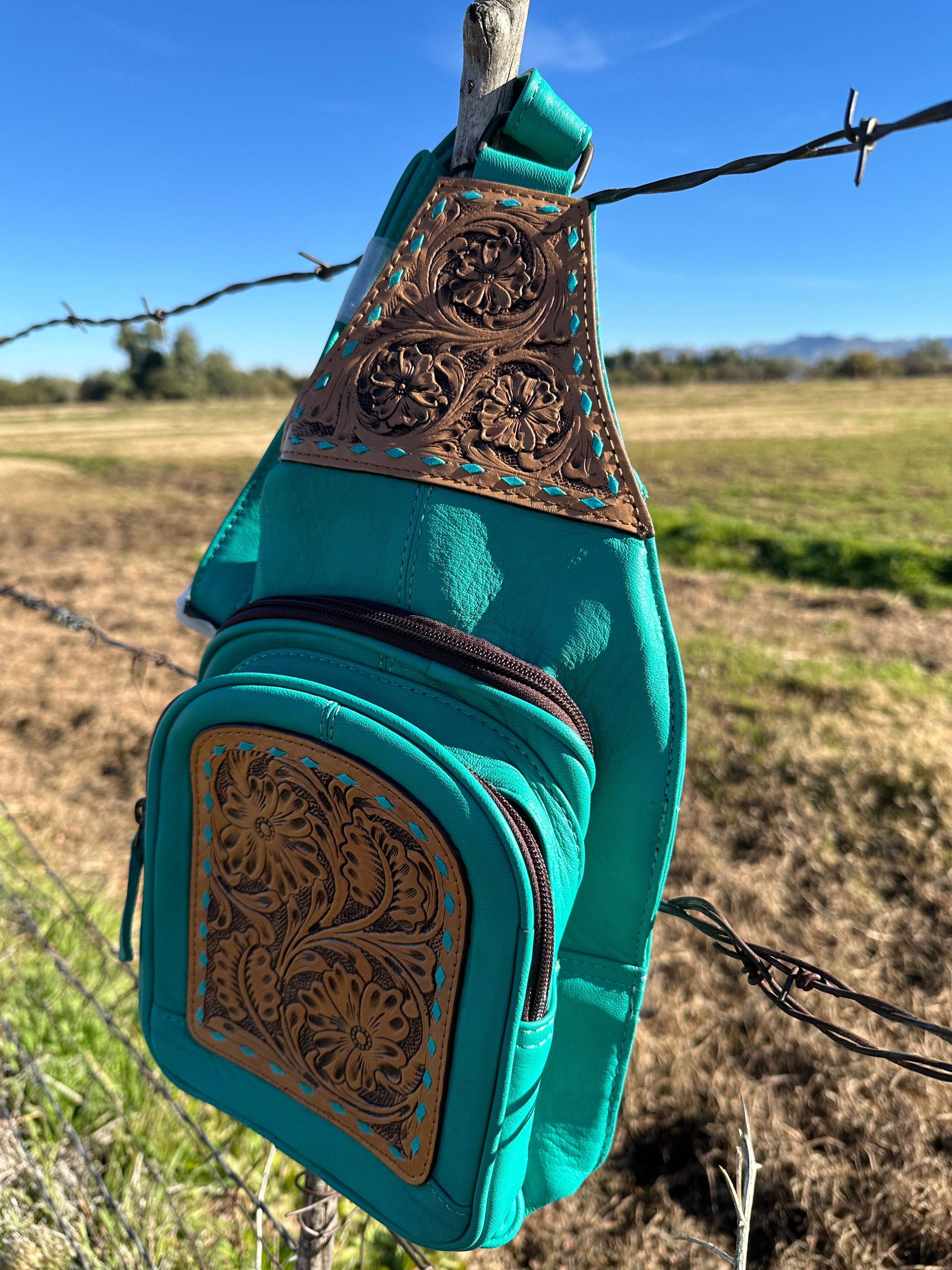 Genuine Tooled Leather & Cowhide Cross Body Purse/Pack