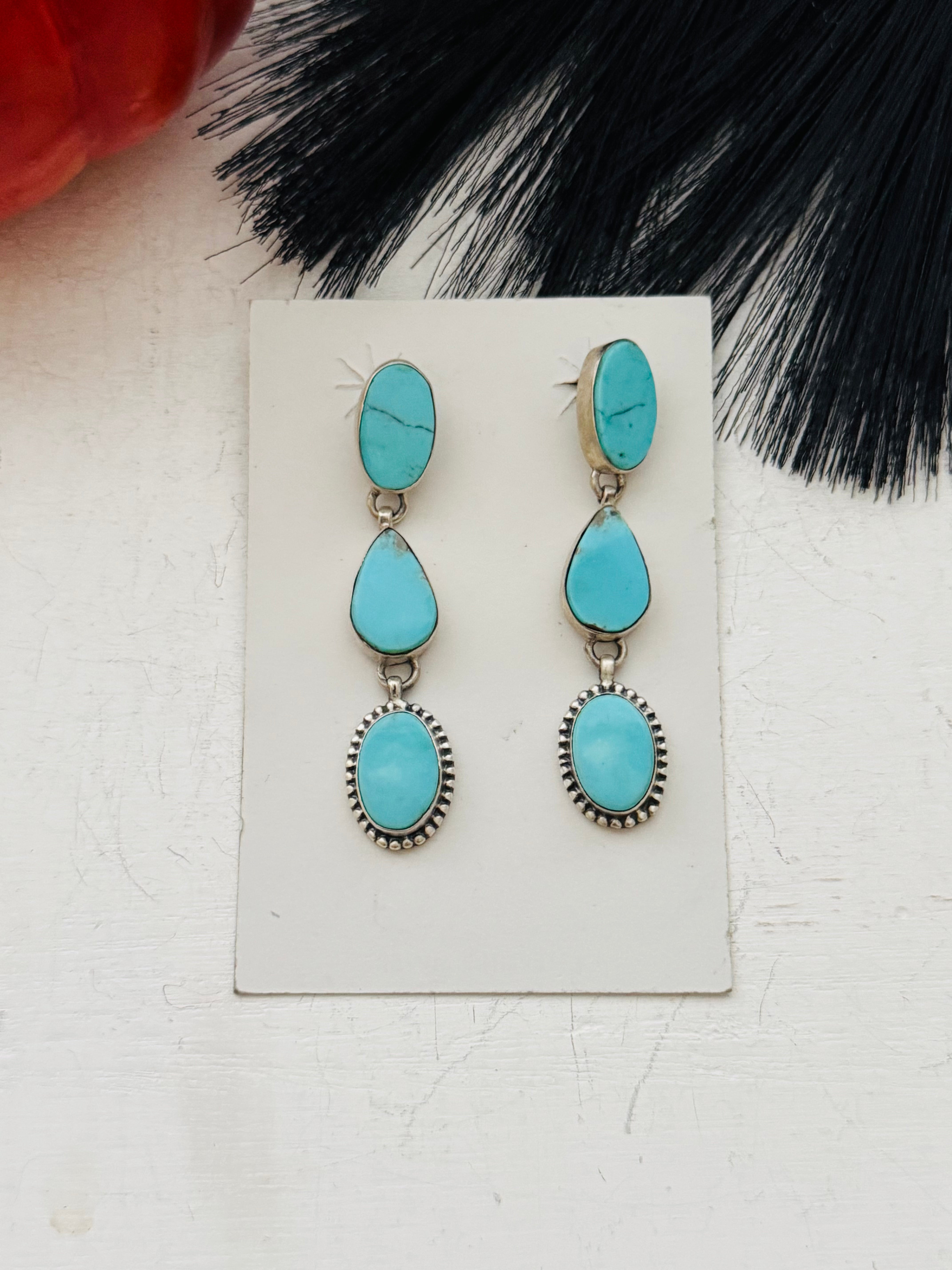 Southwest Handmade Kingman Turquoise & Sterling Silver Post Dangle Earrings