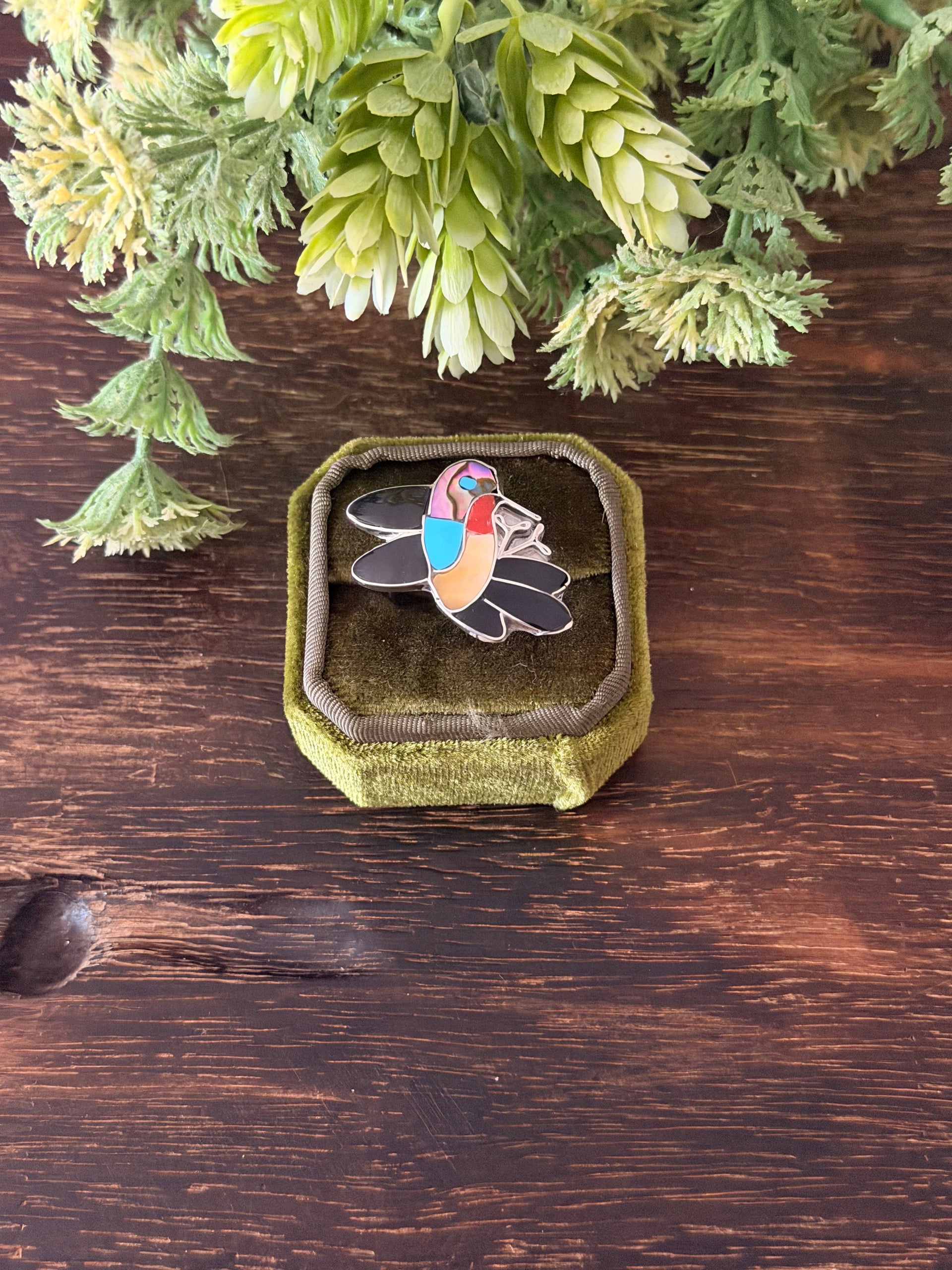 Zuni Made Multi Stone & Sterling Silver Inlay Hummingbird Ring Size 7