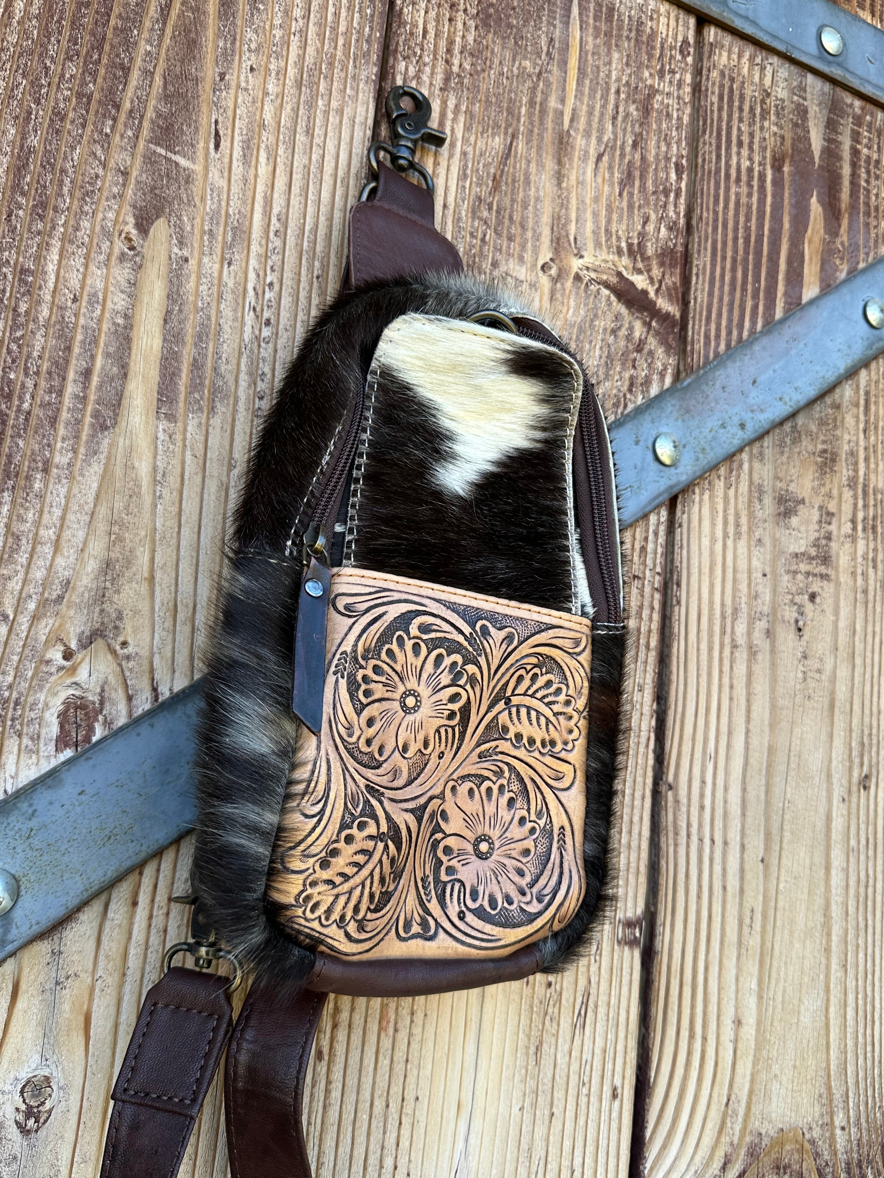 Genuine Tooled Leather & Cowhide Cross Body Purse/Pack