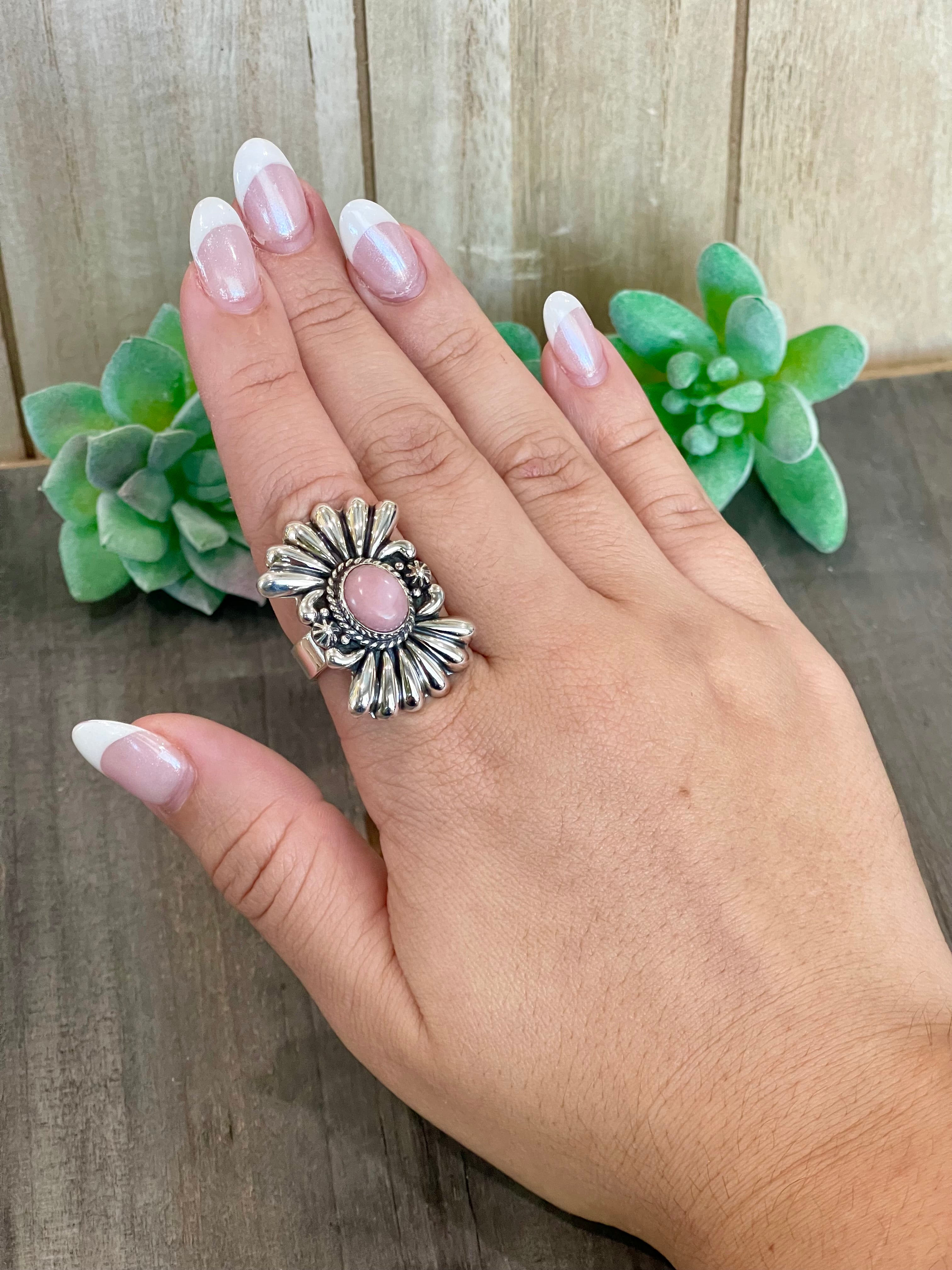 Southwest Handmade Peruvian Pink Opal & Sterling Silver Adjustable Ring