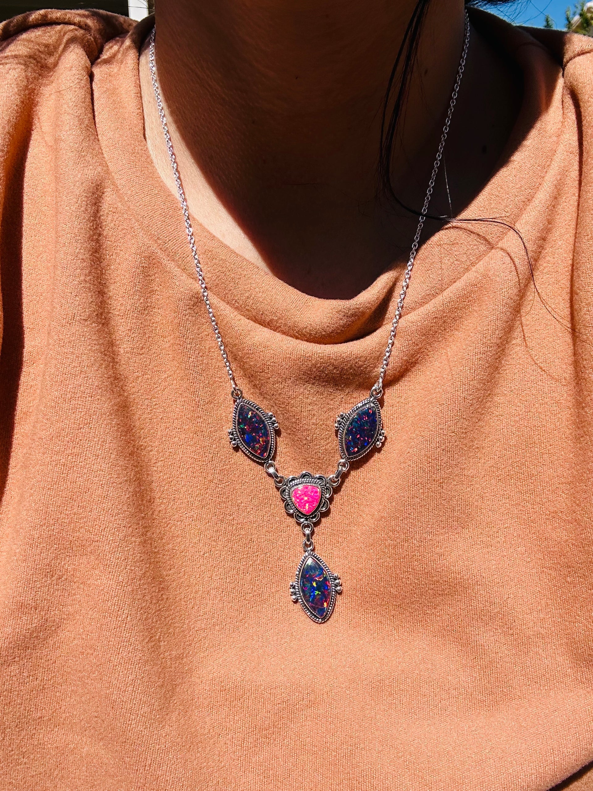 Southwest Handmade Multi Stone & Sterling Silver Lariat Necklace
