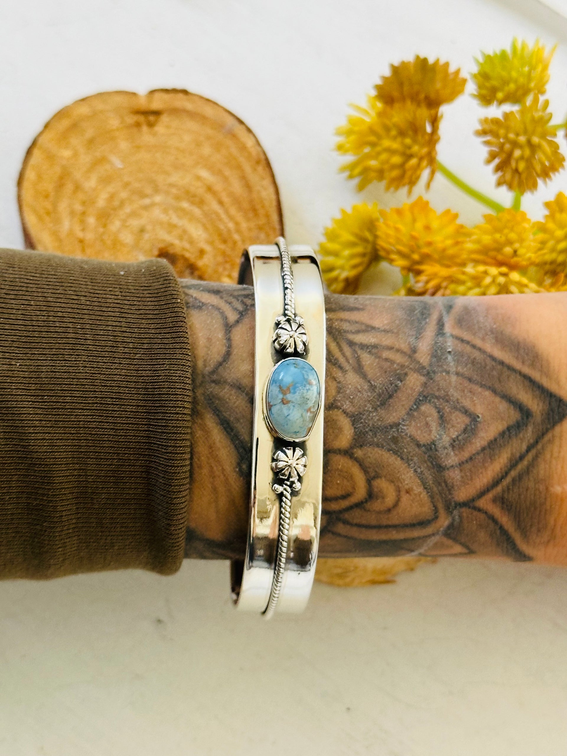 Southwest Made Golden Hills Turquoise & Sterling Silver Cuff Bracelet