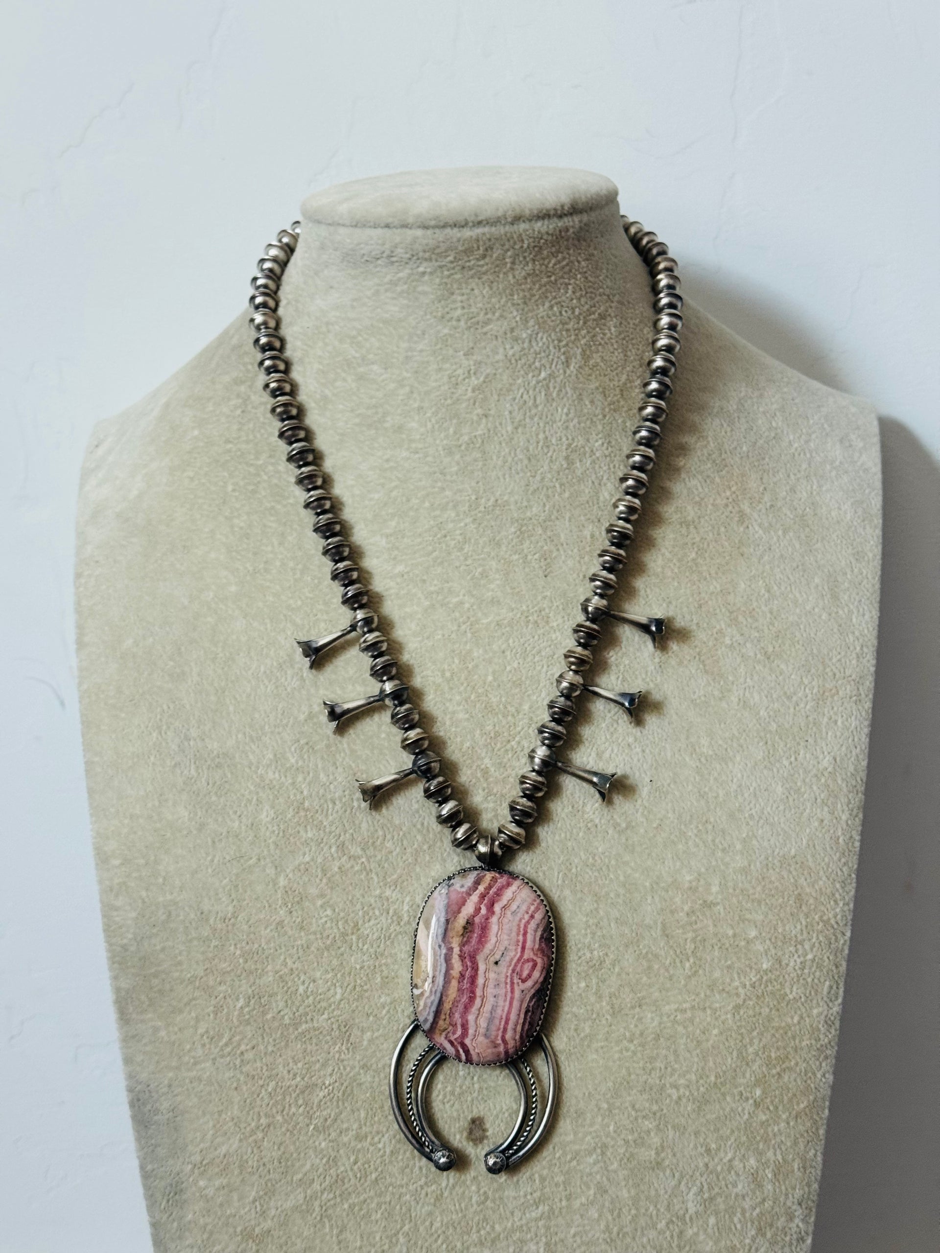 Navajo Made Rhodochrosite & Sterling Silver Squash Blossom Necklace