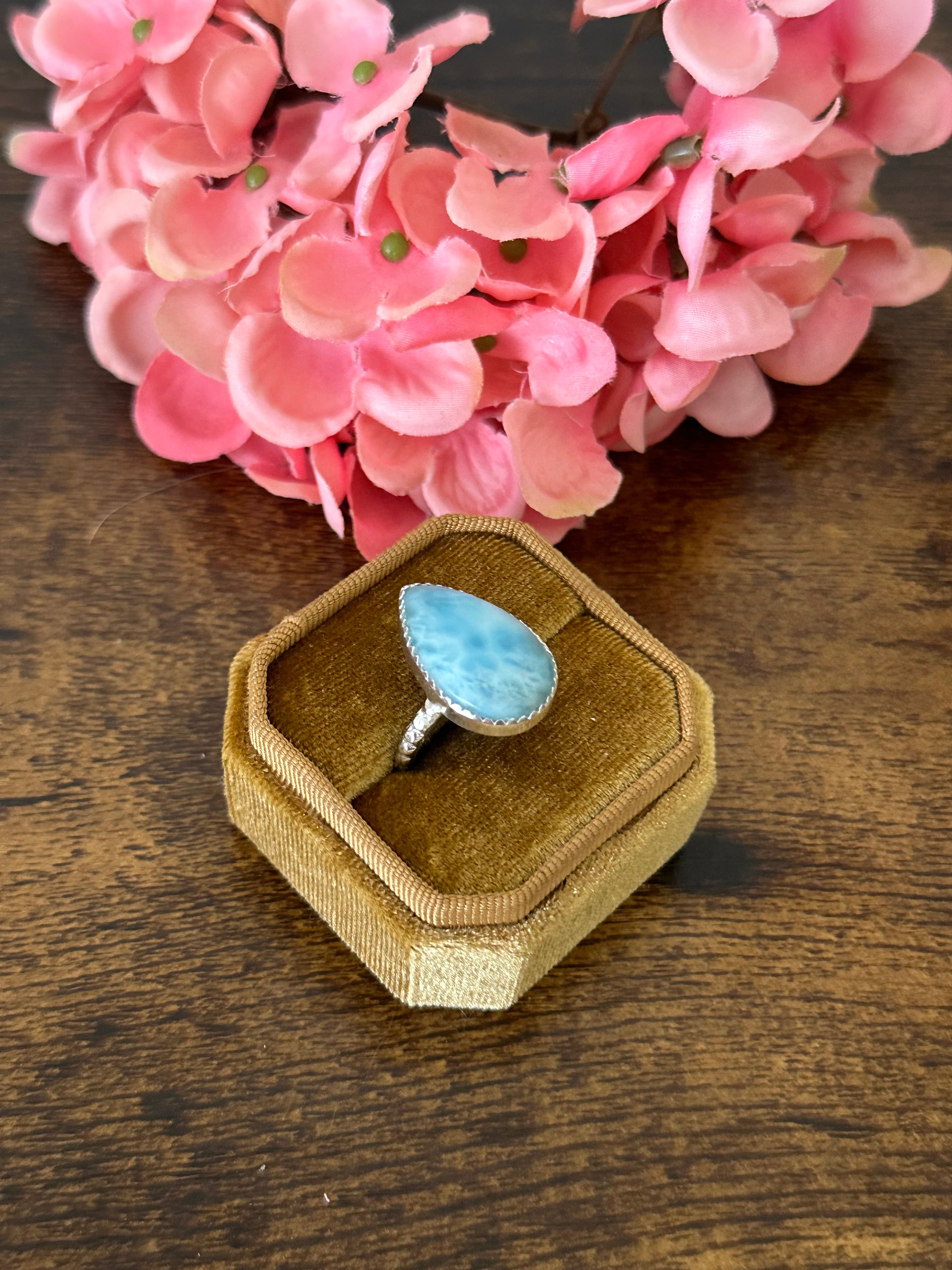 Southwest Handmade Larimar & Sterling Silver Ring Size 7.75