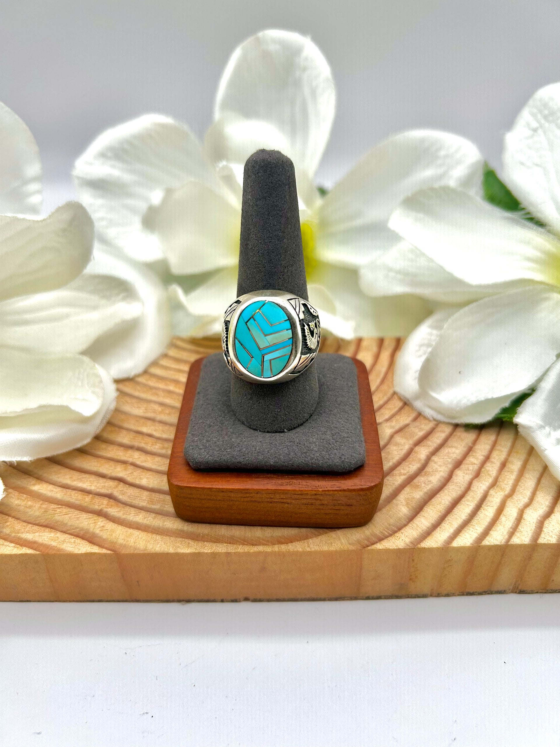 Navajo Made Kingman Turquoise & Sterling Silver Ring Size 10.25