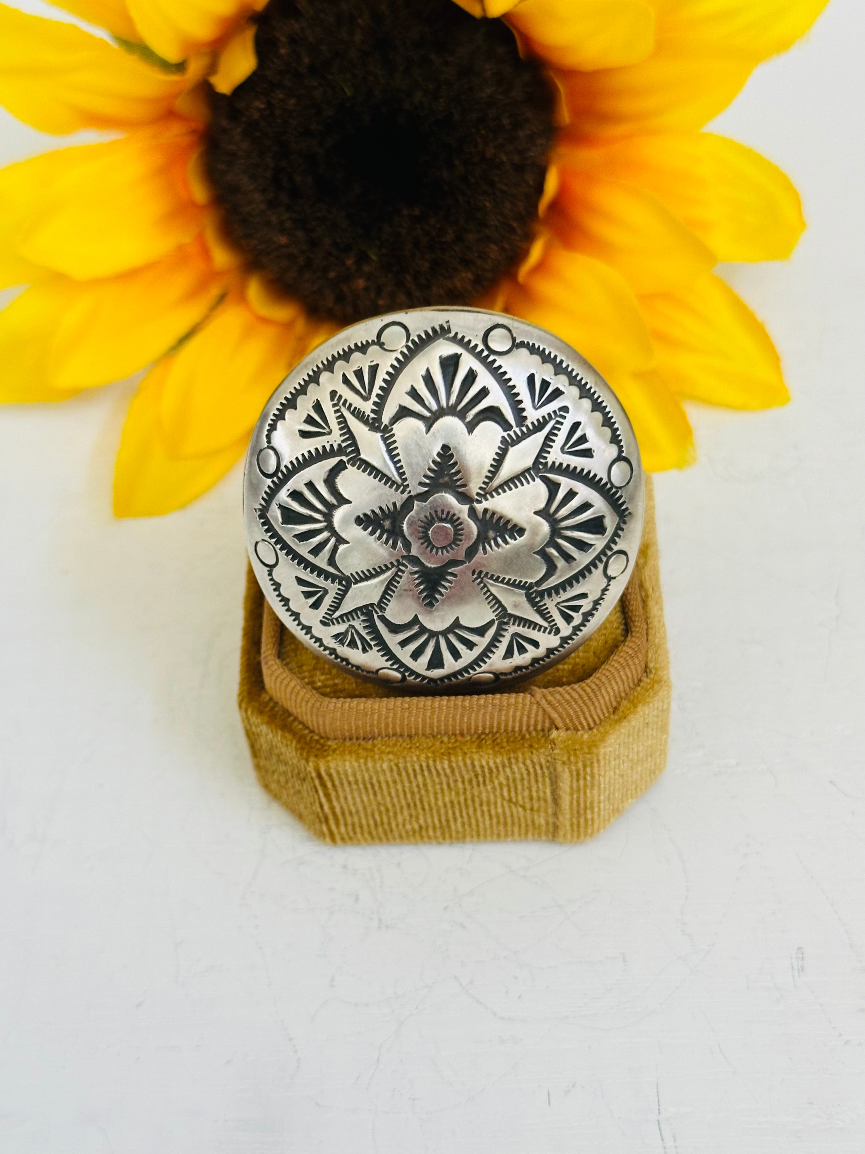 Leander Tahe Sterling Silver Concho Adjustable Ring