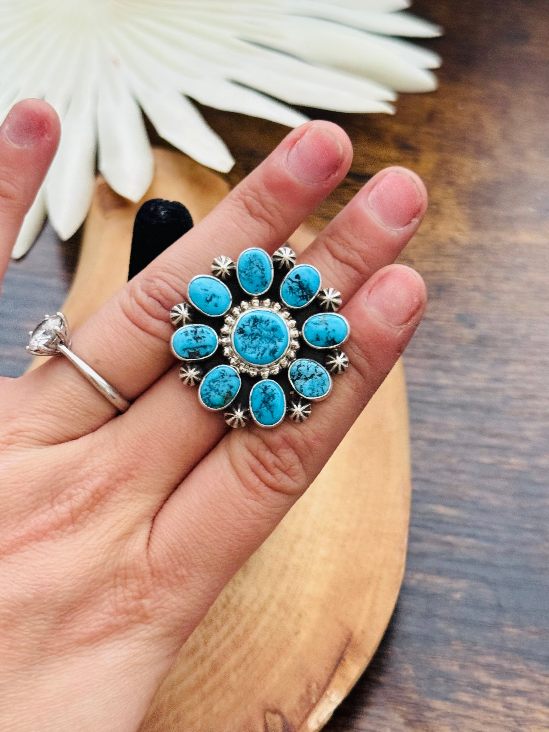 Aarron Tallis Kingman Turquoise & Sterling Silver Cluster Adjustable Ring