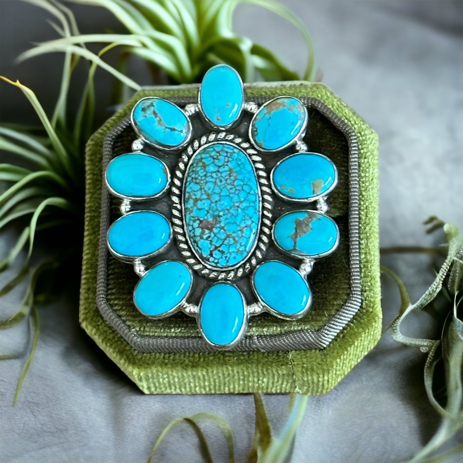 Southwest Handmade Kingman Turquoise & Sterling Silver Adjustable Cluster Ring