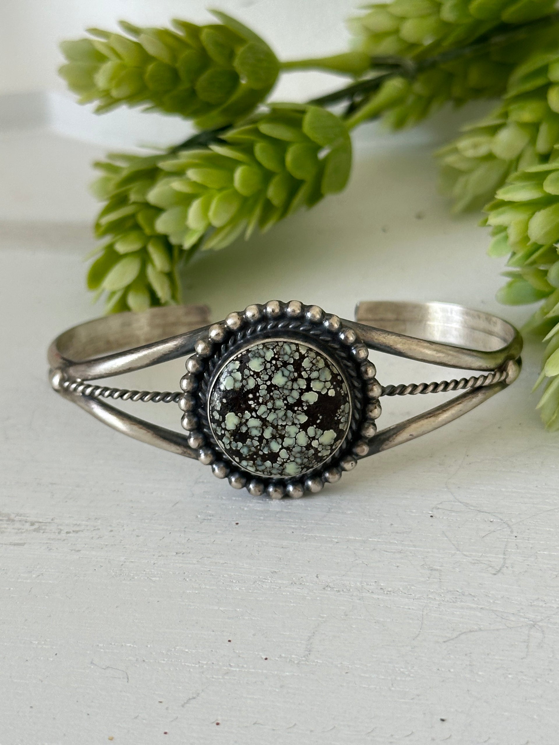 Navajo Made New Lander Variscite & Sterling Silver Cuff Bracelet