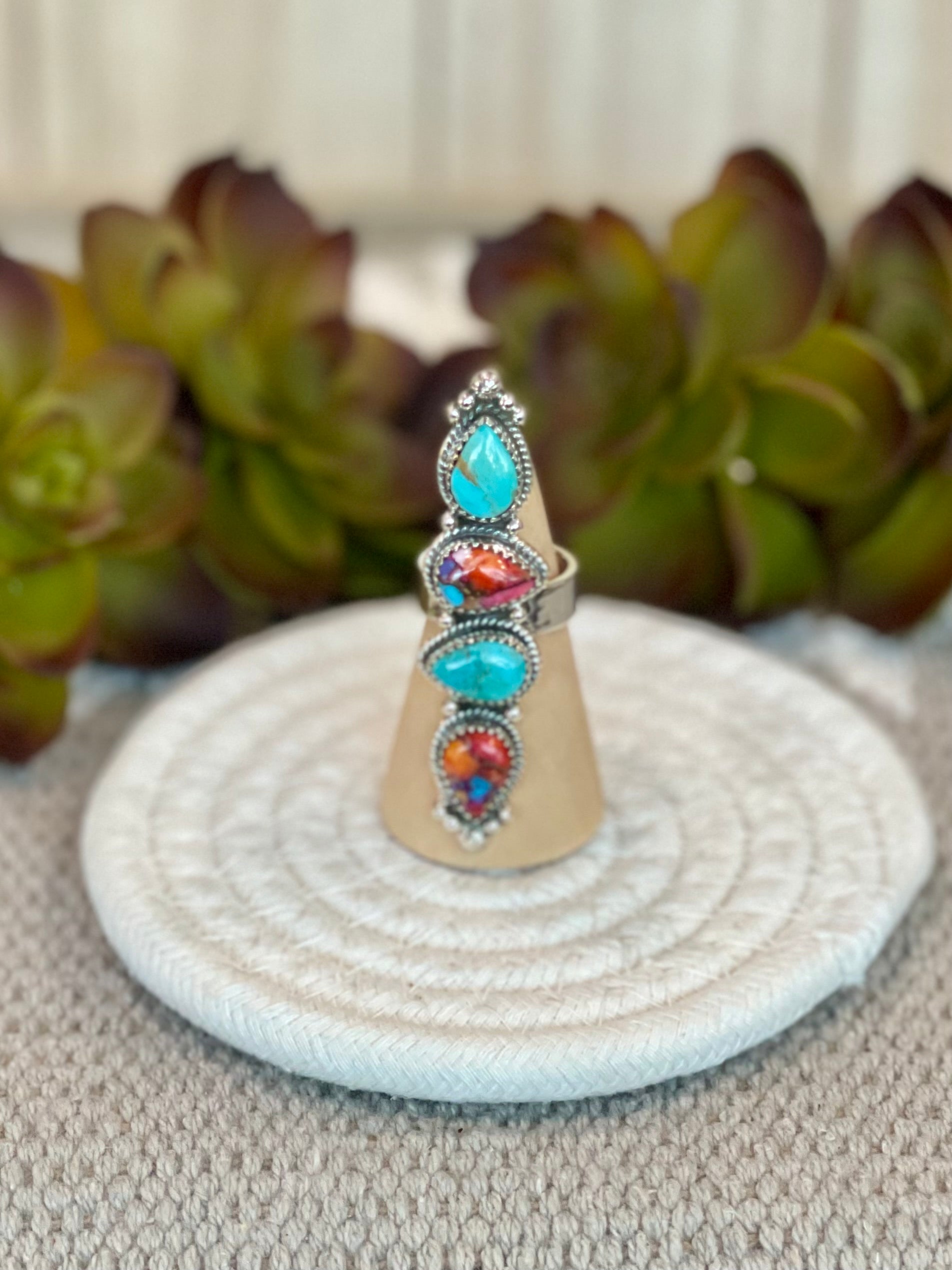 Southwest Handmade Multi Stone & Sterling Silver Adjustable 4 Stone Ring