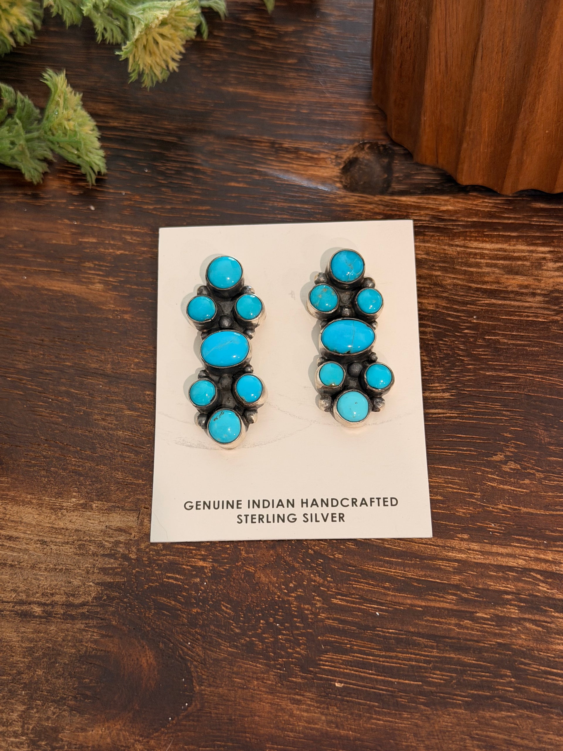 Sheila Becenti Kingman Turquoise & Sterling Silver Post Dangle Cluster Earrings
