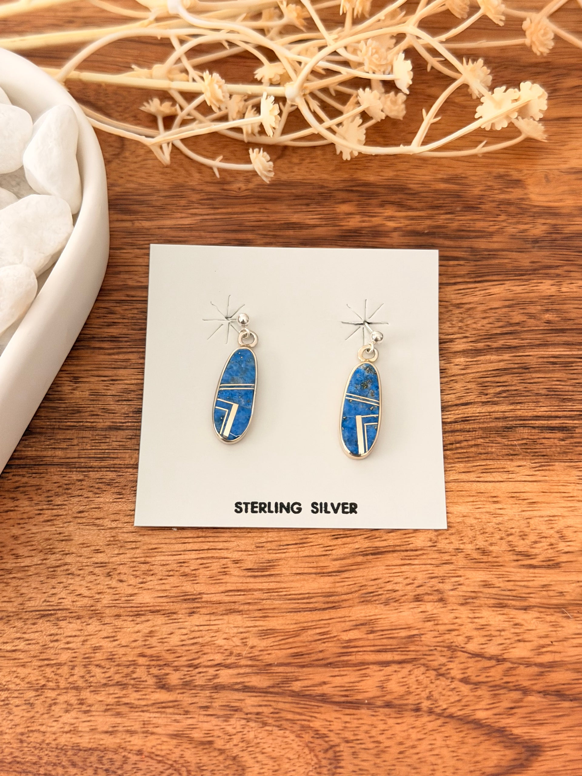 Navajo Made Lapis & Sterling Silver Post Dangle Inlay Earrings