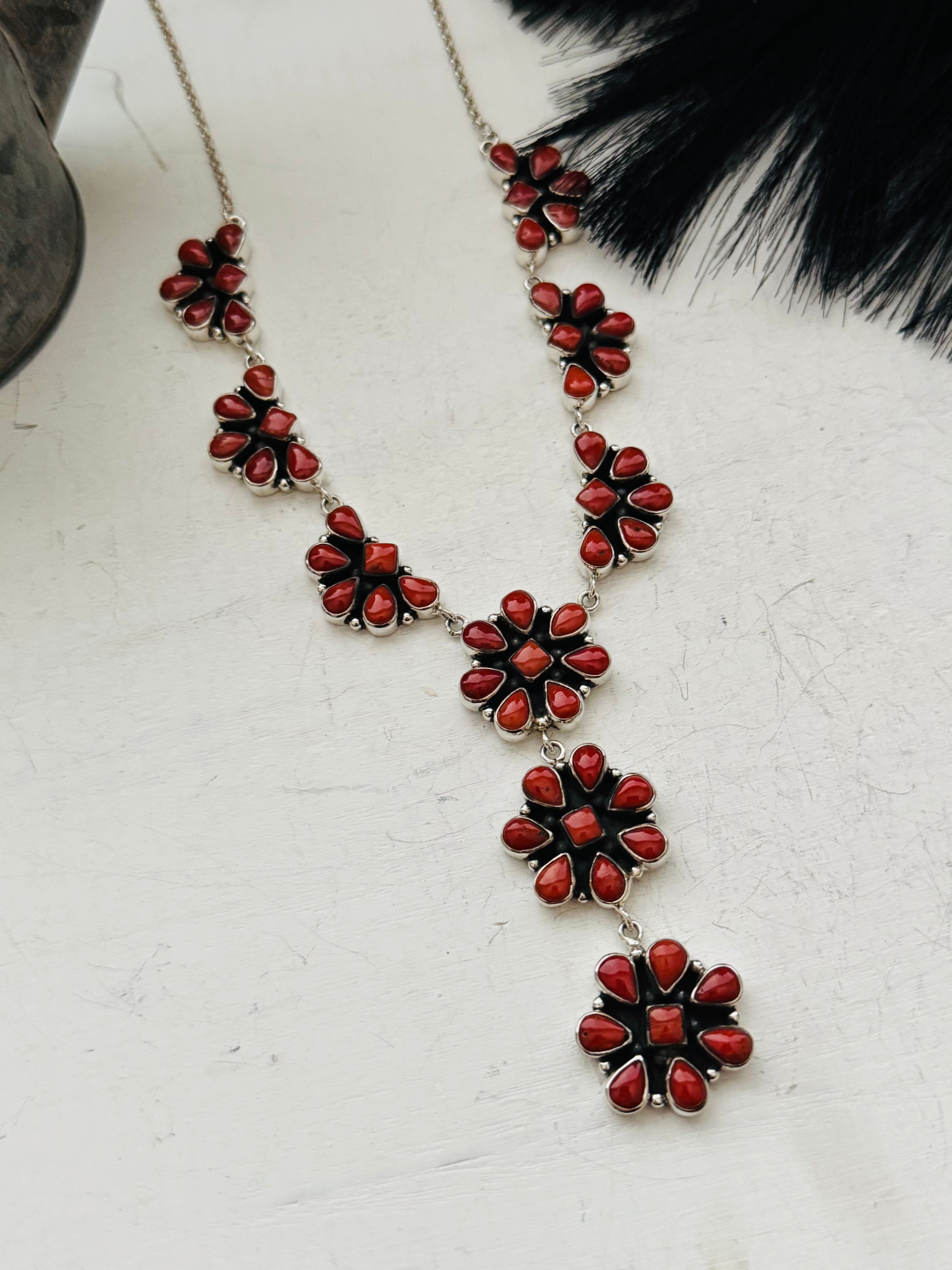 Southwest Handmade Coral & Sterling Silver Cluster Lariat Necklace Set