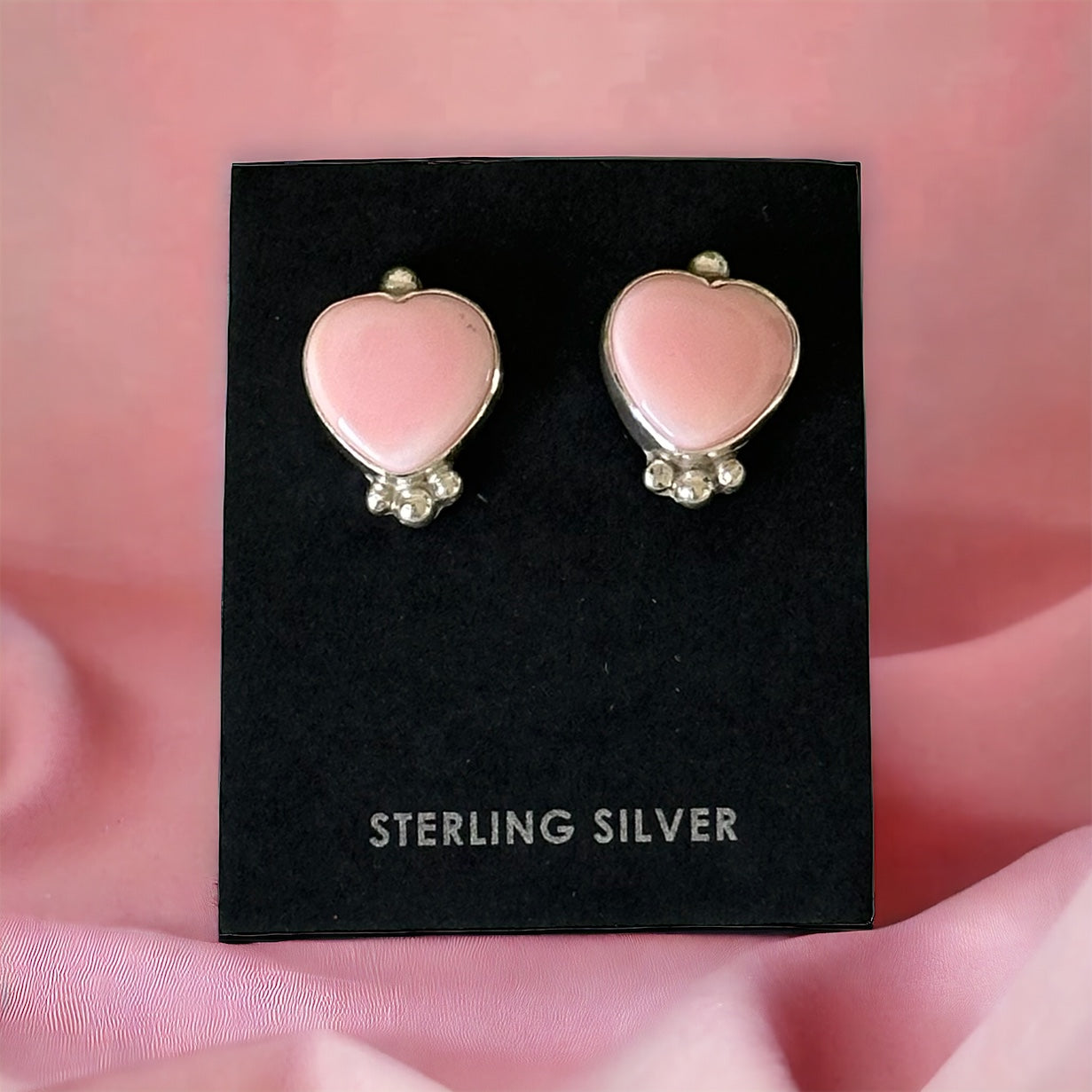 Navajo Made Pink Conch & Sterling Silver Post Heart Earrings