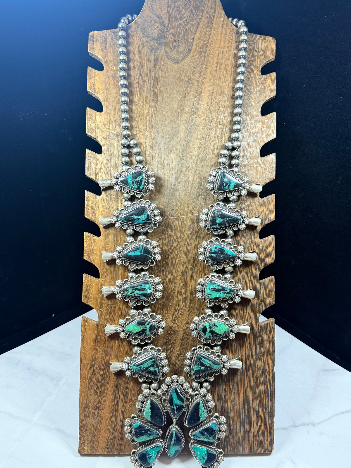 Augustine Largo Black Jack Turquoise & Sterling Silver Squash Blossom Necklace Set