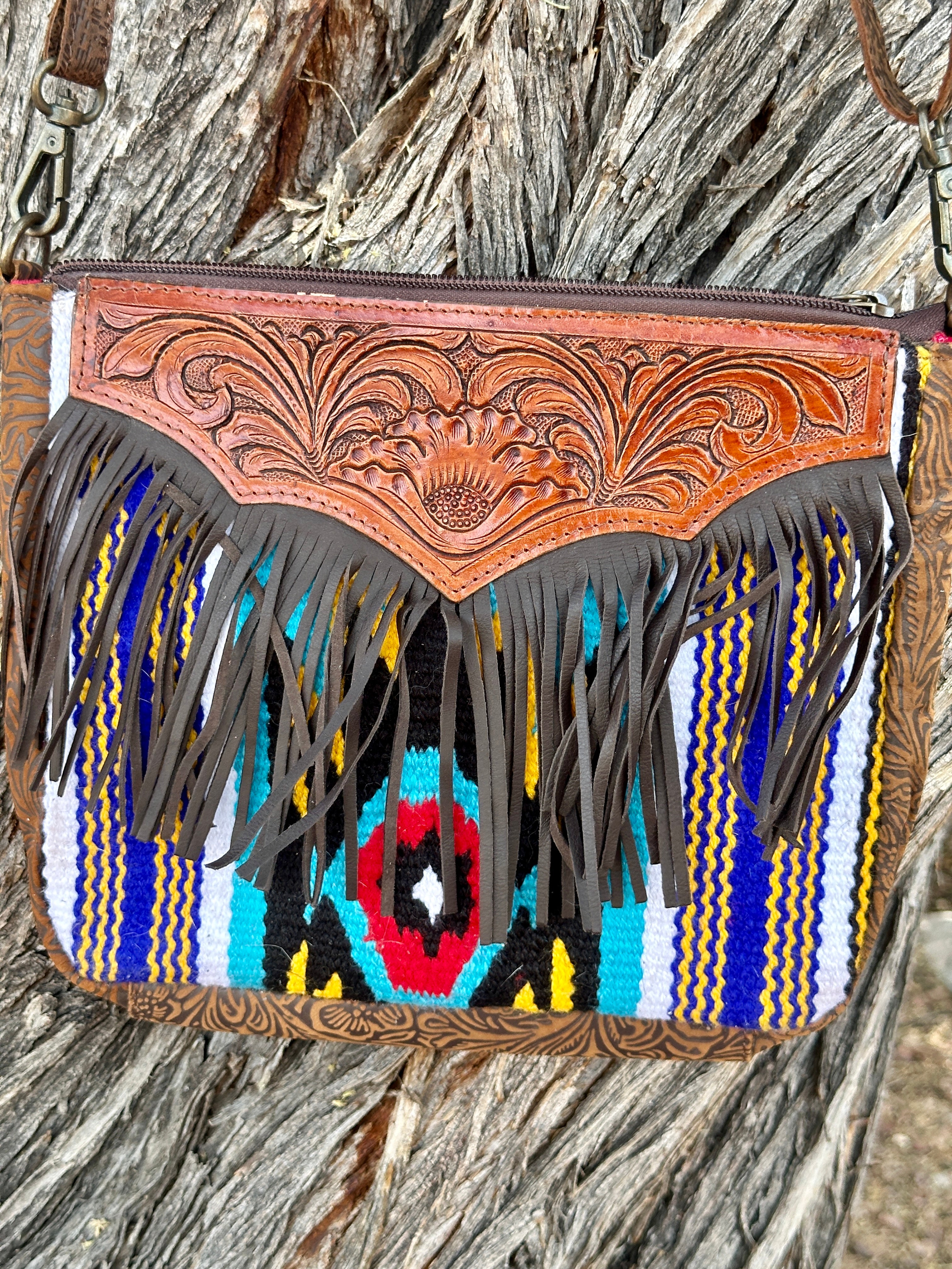 Genuine Tooled Leather & Hand Woven Fringe Purse