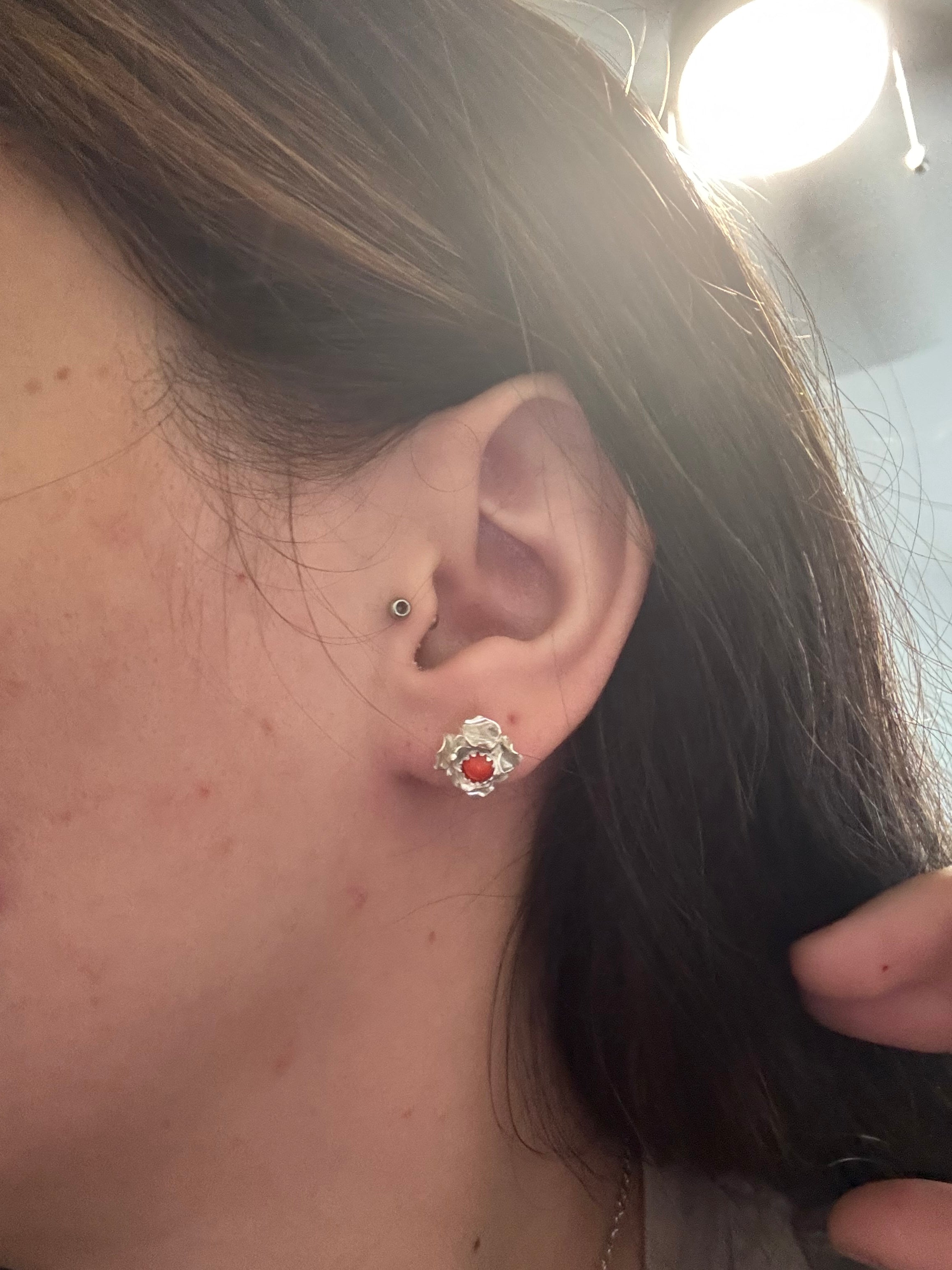 Navajo Made Mediterranean Coral & Sterling Silver Flower Post Earrings