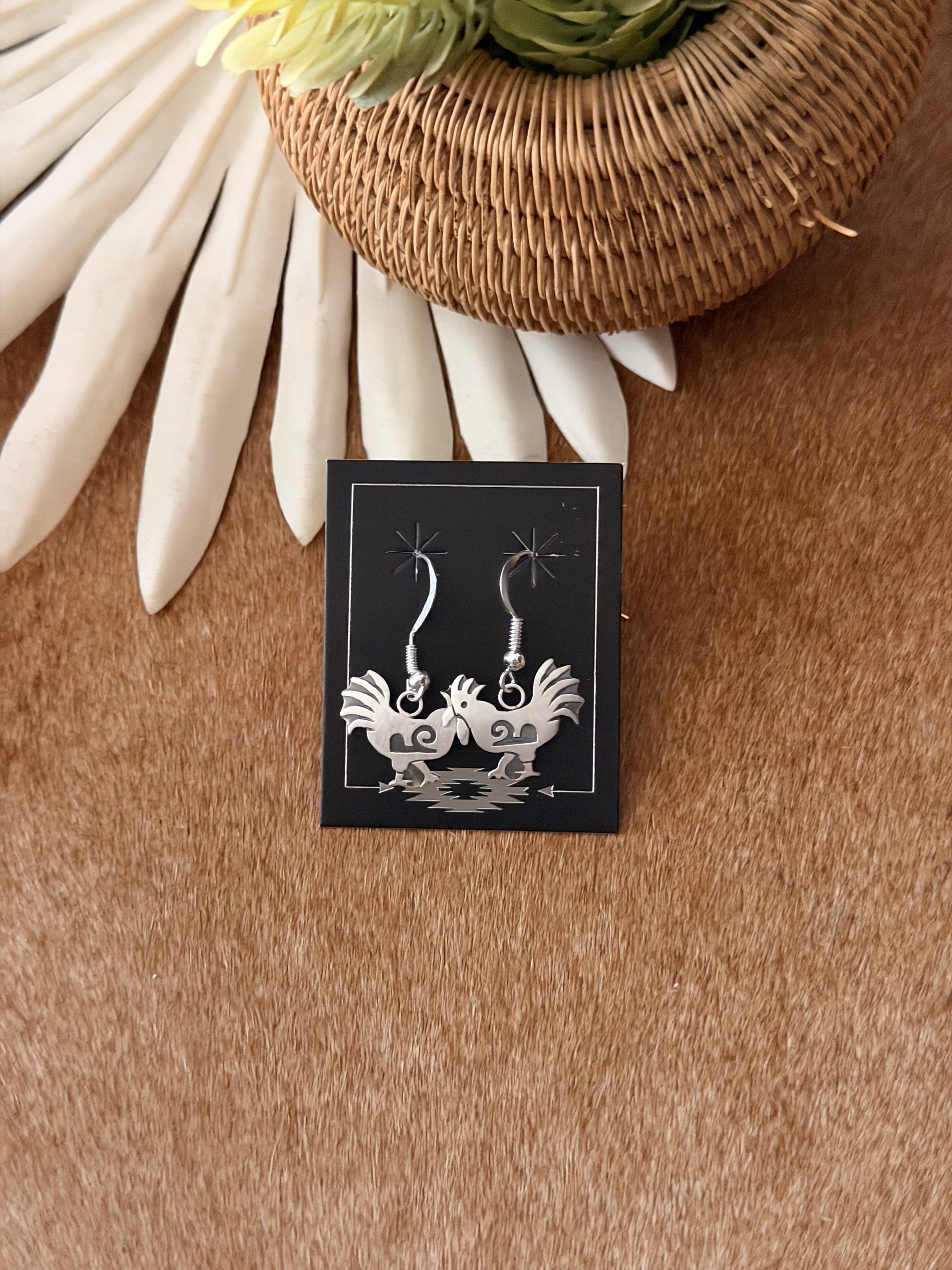 Navajo Made Sterling Silver Rooster Dangle Earrings