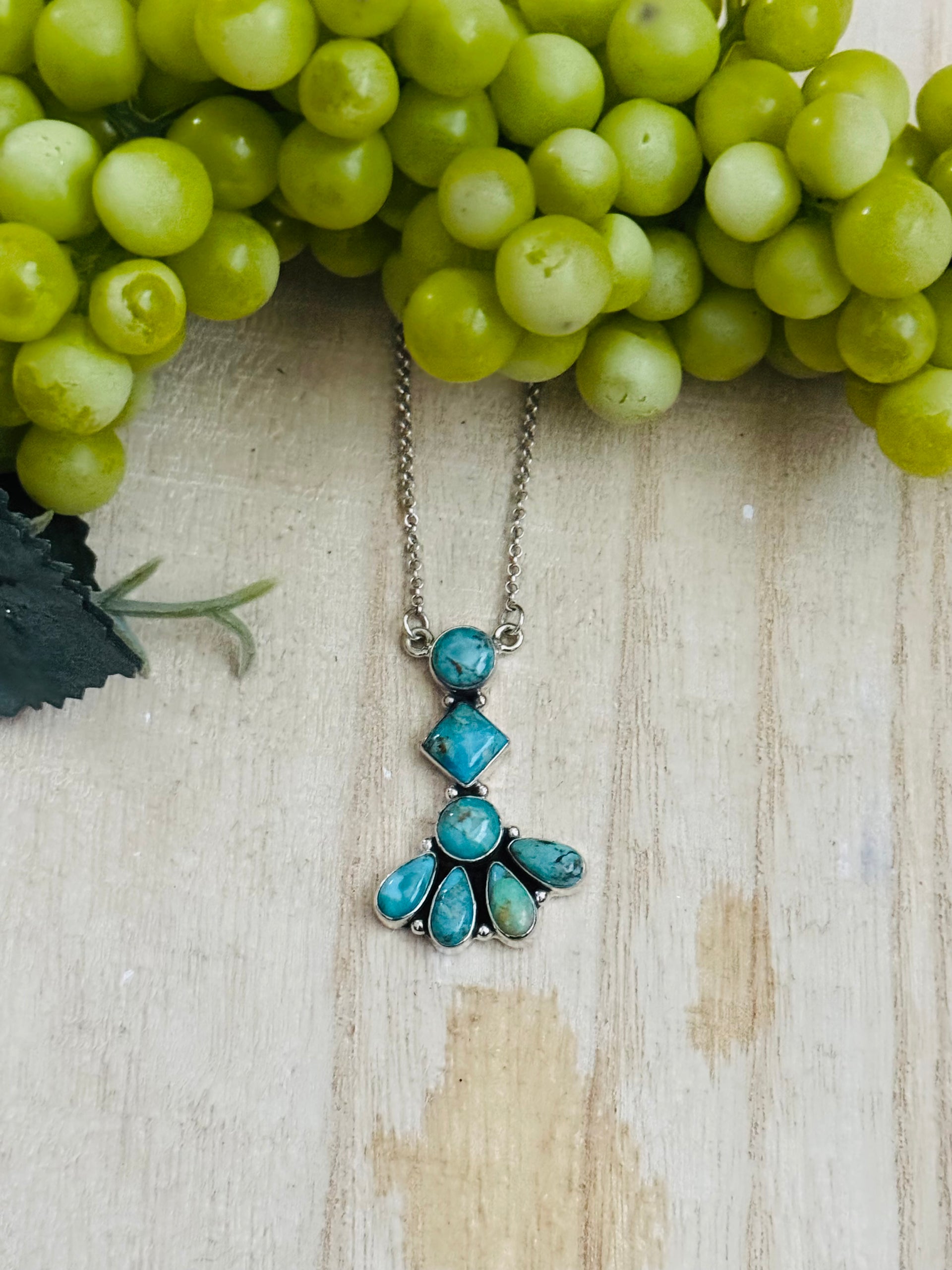 Southwest Handmade Kingman Turquoise & Sterling Silver Cluster Necklace