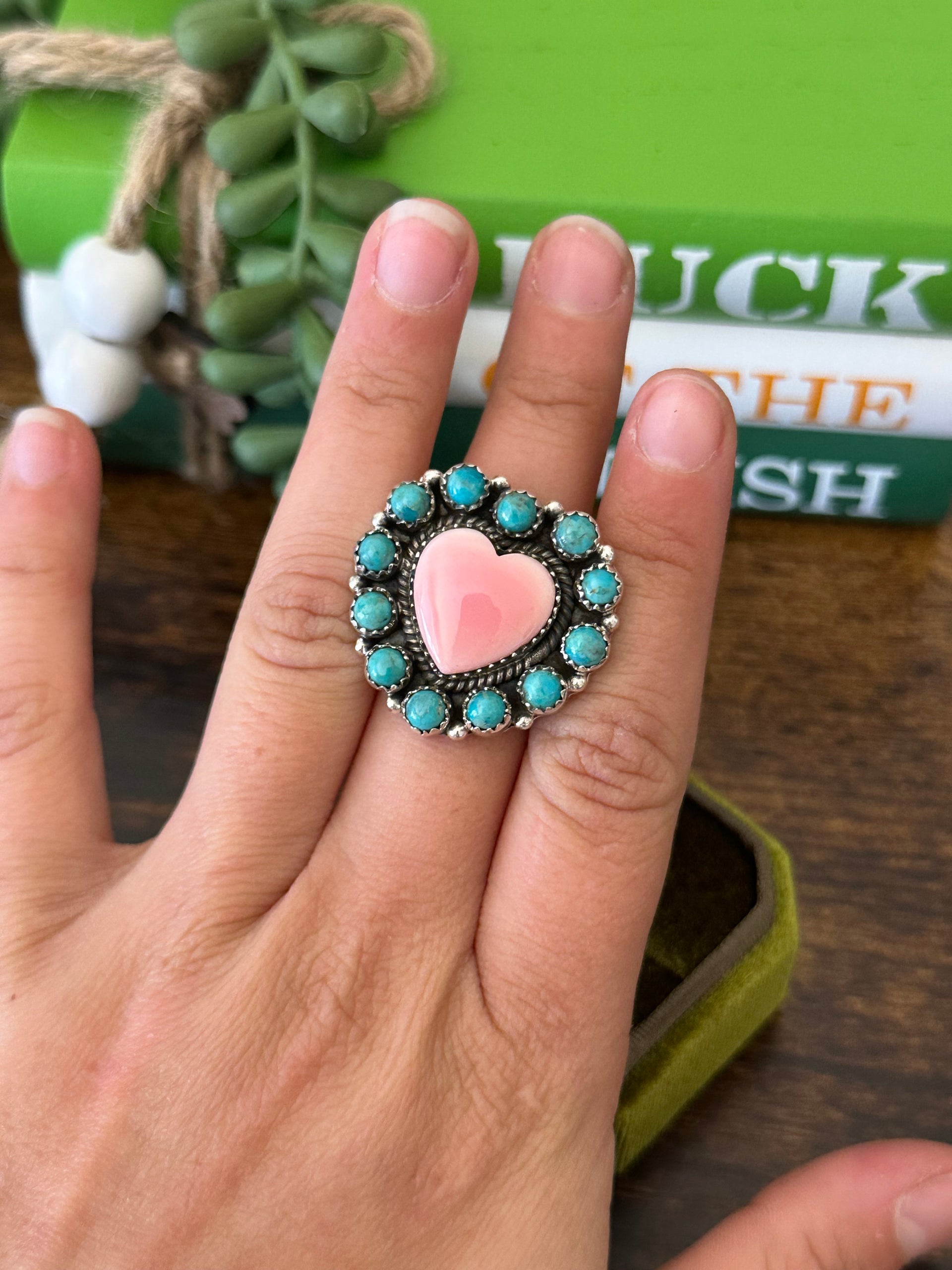 Southwest Handmade Multi Stone & Sterling Silver Adjustable Cluster Heart Ring