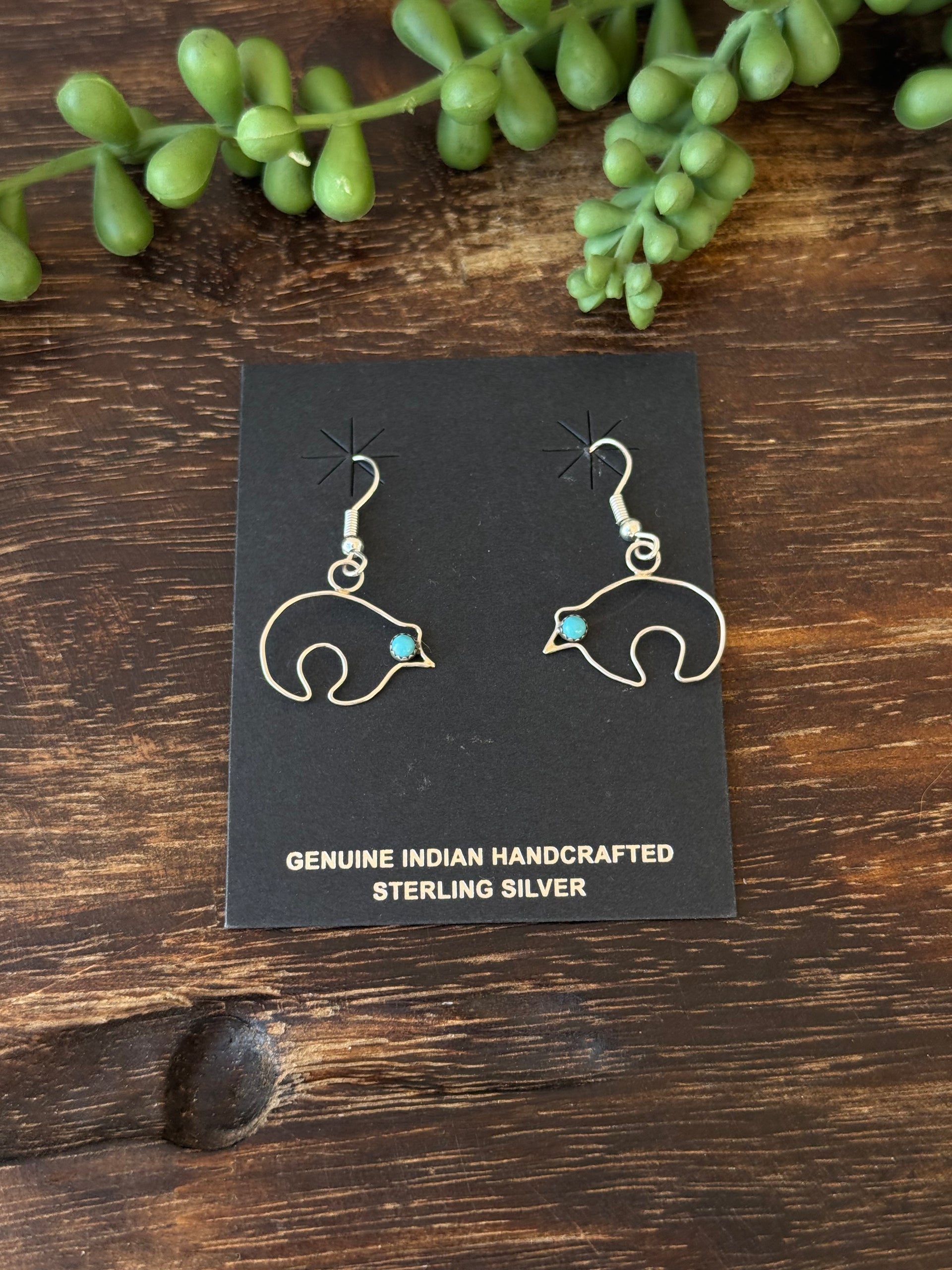 Navajo Made Kingman Turquoise & Sterling Silver Dangle Bear Earrings