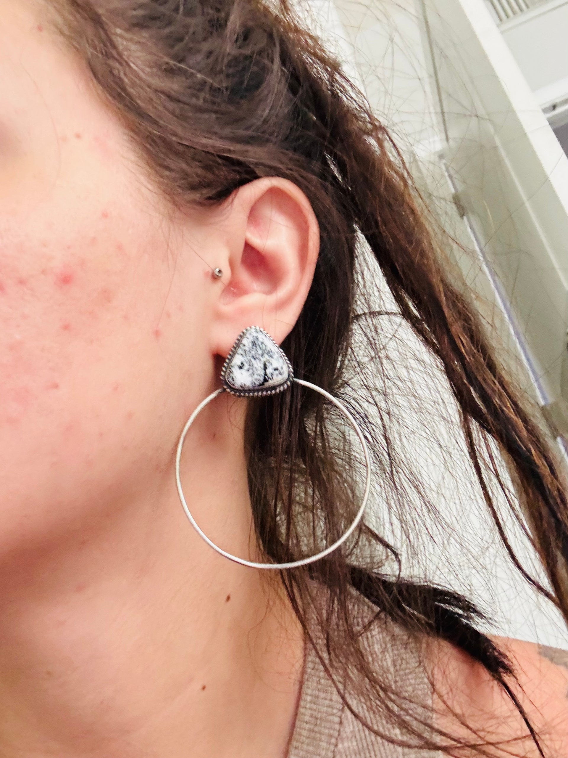 Elouise Kee White Buffalo & Sterling Silver Post Dangle Hoop Earrings