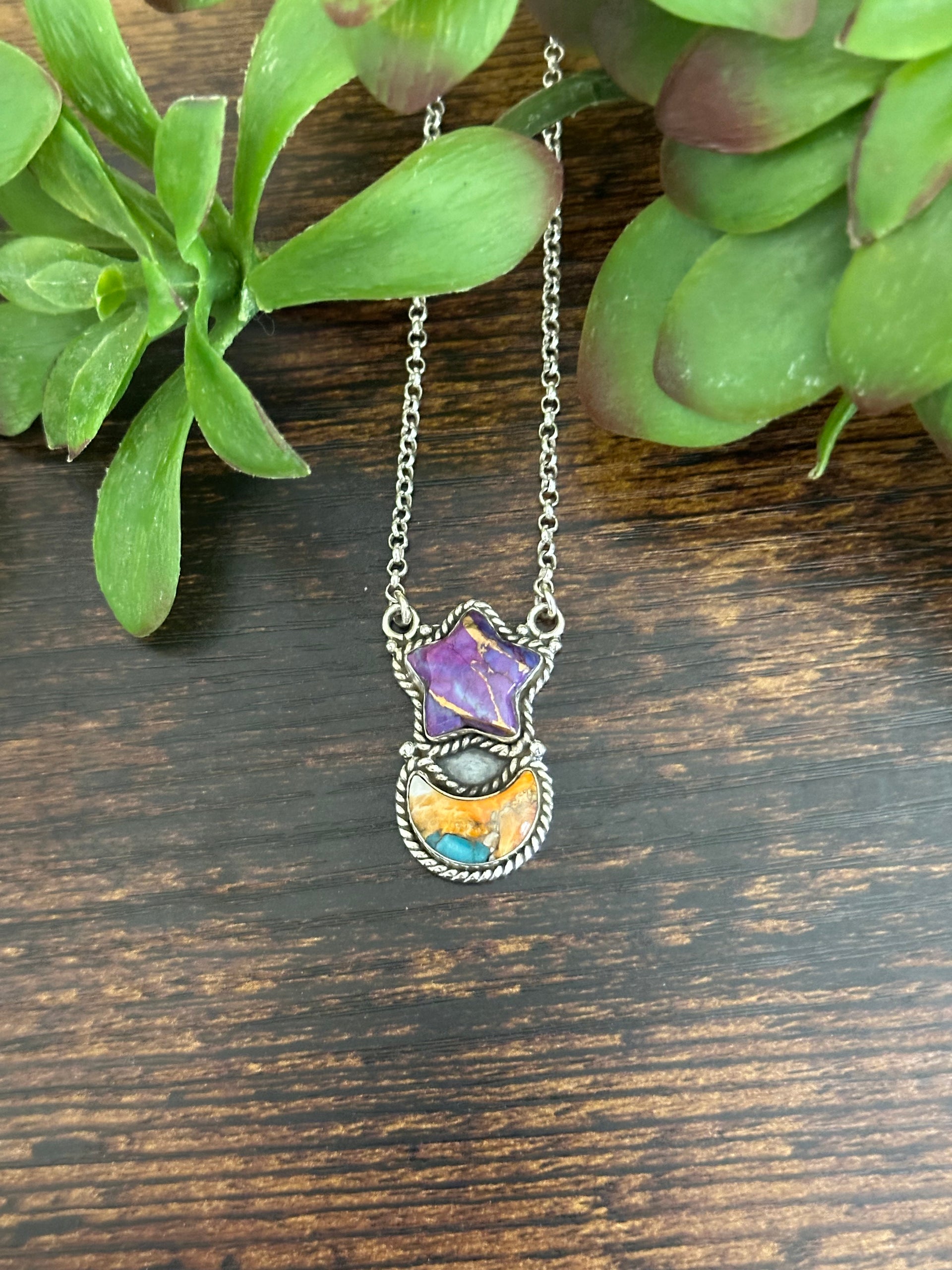 Southwest Handmade Multi Stone & Sterling Silver Moon Star Necklace