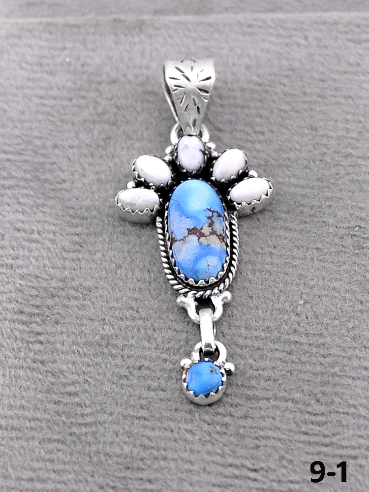 Southwest Handmade White Buffalo with Golden Hills Turquoise & Sterling Silver Pendants