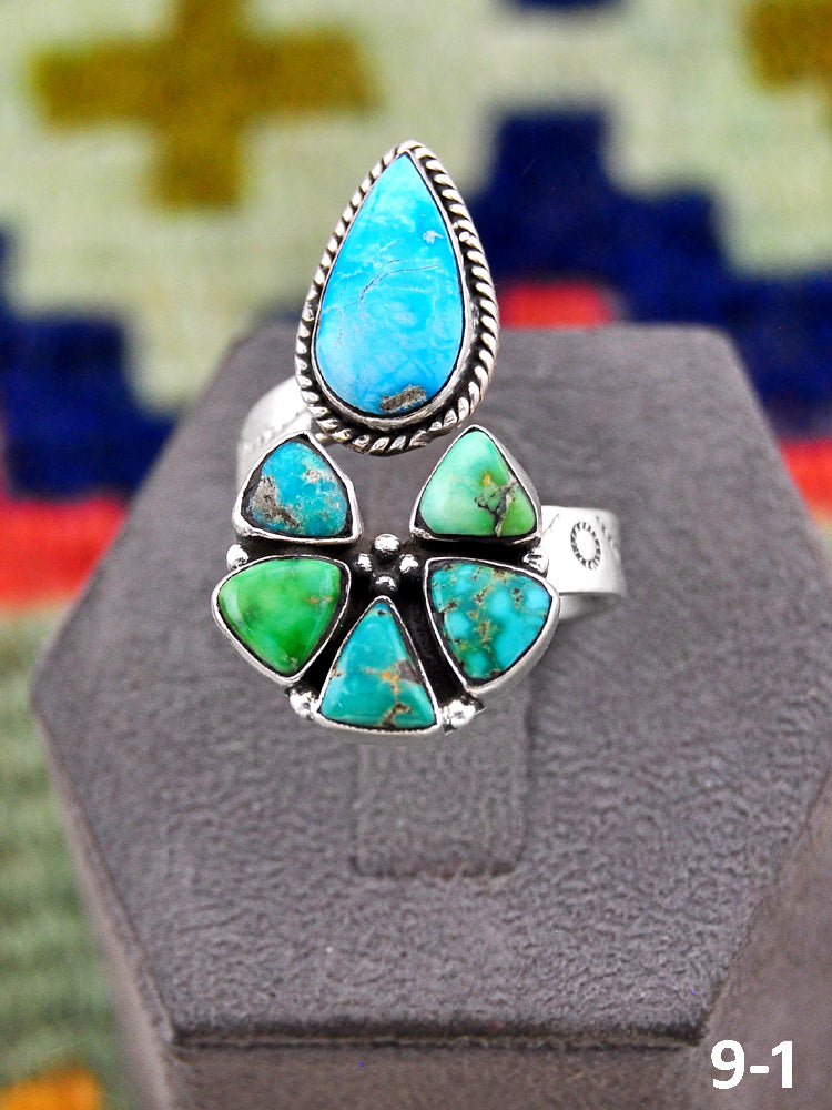 Southwest Handmade Emerald Valley with White Water & Sterling Silver Adjustable Ring