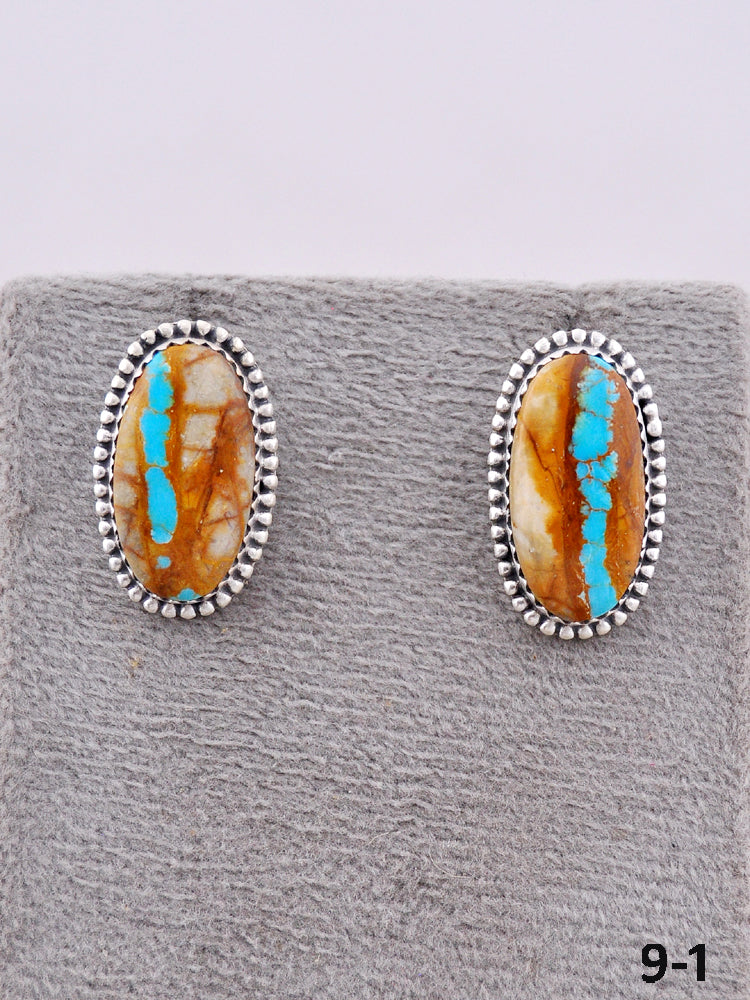 Southwest Handmade Ribbon Royston Turquoise & Sterling Silver Post Earrings