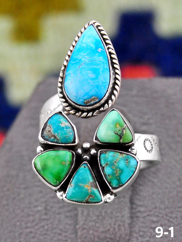 Southwest Handmade Emerald Valley with White Water & Sterling Silver Adjustable Ring
