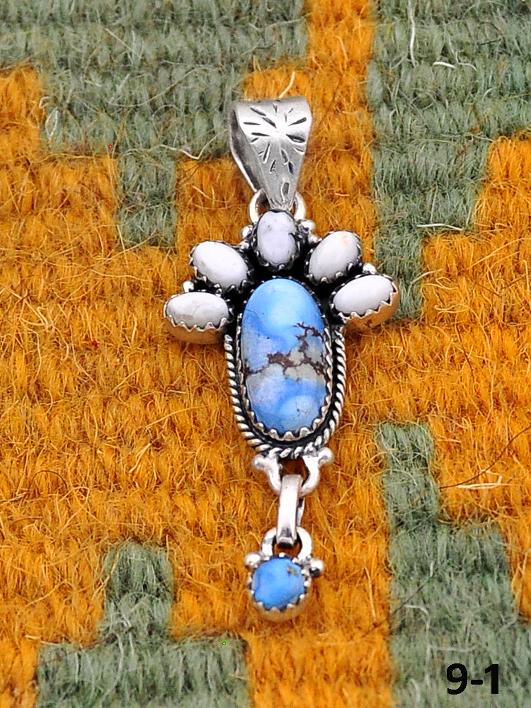 Southwest Handmade White Buffalo with Golden Hills Turquoise & Sterling Silver Pendants