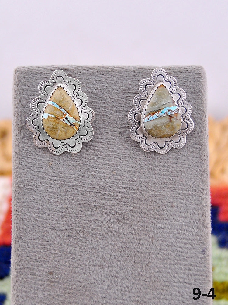 Southwest Handmade Ribbon Royston Turquoise & Sterling Silver Post Stud Earrings