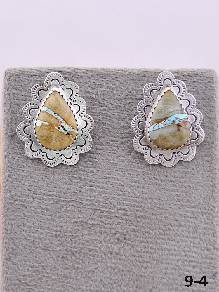 Southwest Handmade Ribbon Royston Turquoise & Sterling Silver Post Stud Earrings