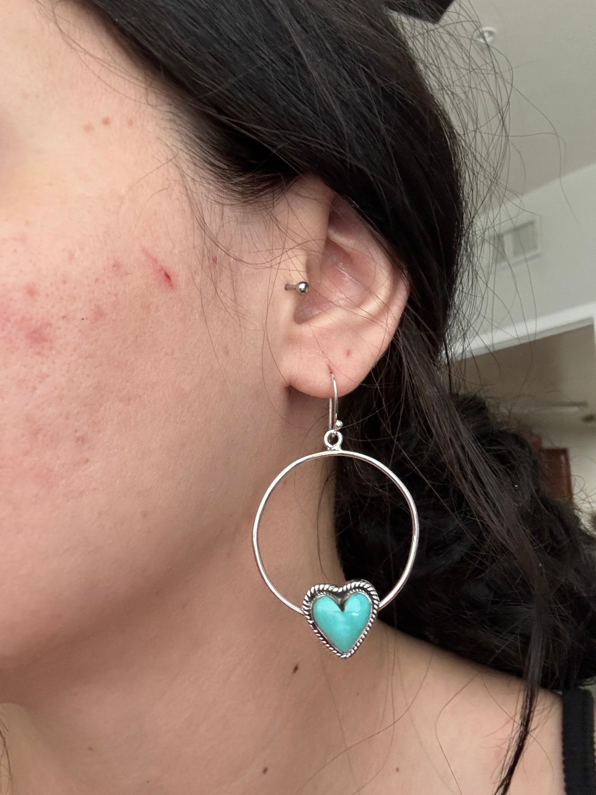 Southwest Handmade Kingman Turquoise & Sterling Silver Heart Dangle Earrings