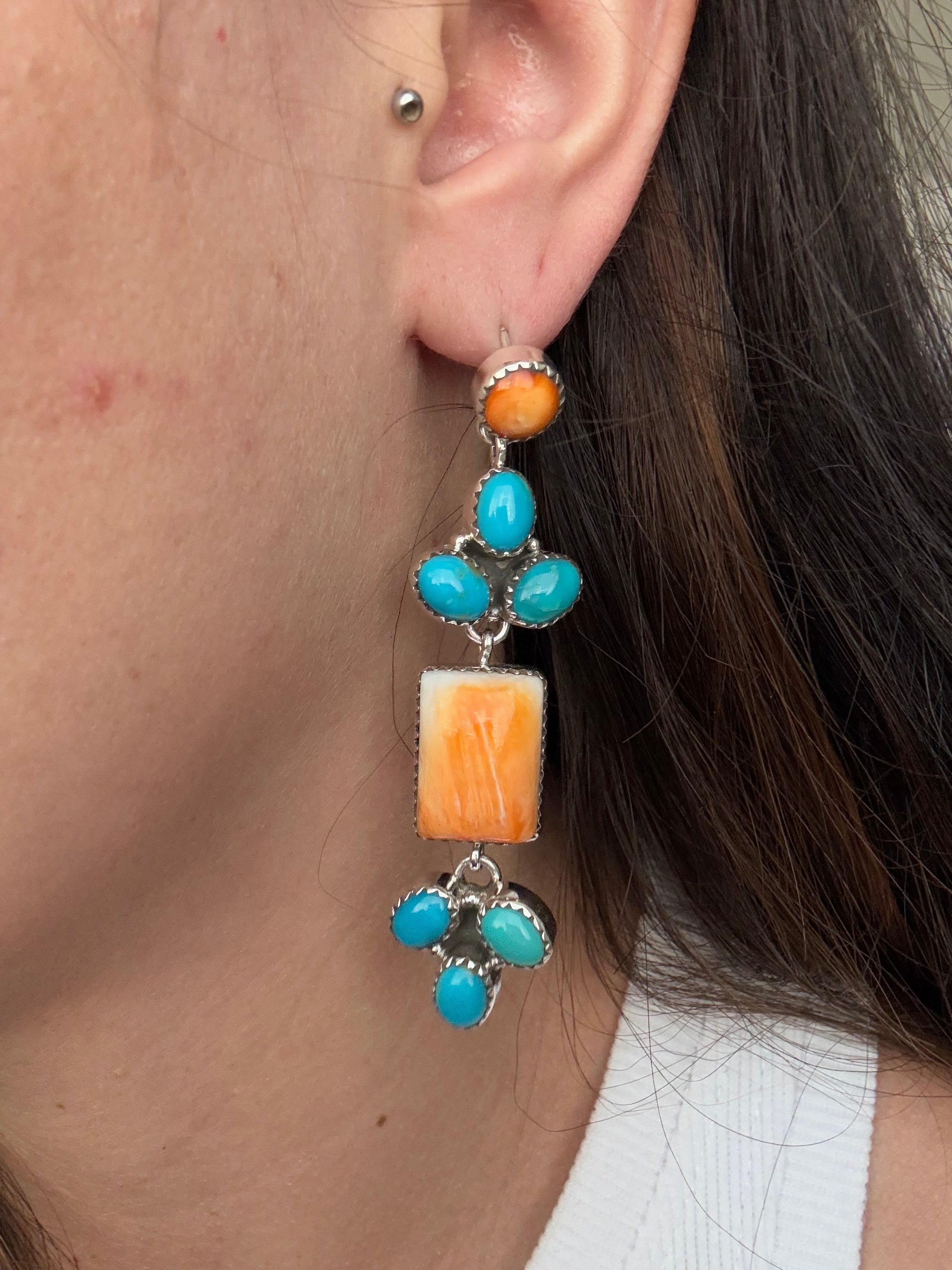 Navajo Made Multi Stone & Sterling Silver Post Dangle Earrings