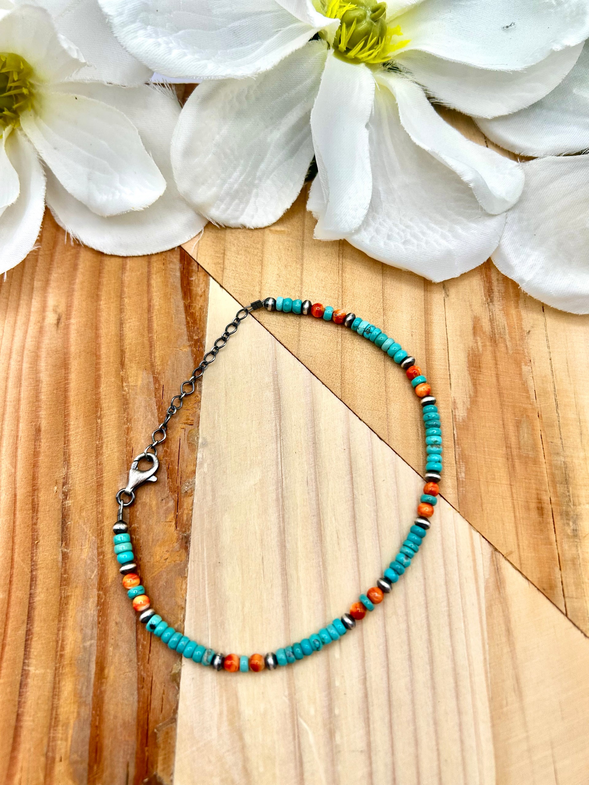 Navajo Made Multi Stone & Sterling Silver Strung Anklet