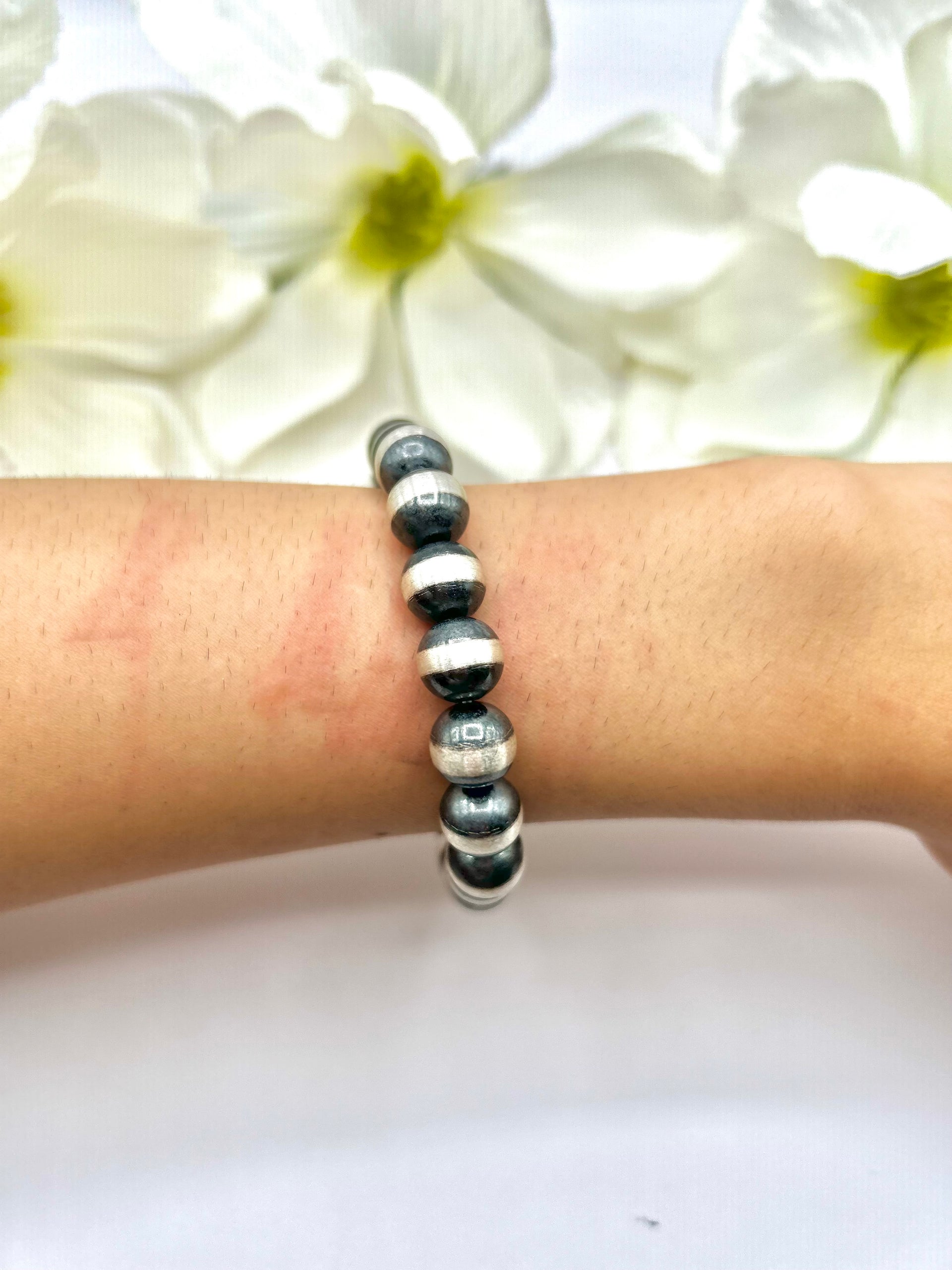 Navajo Made 10 MM Sterling Silver Strung Stretchy Bracelet