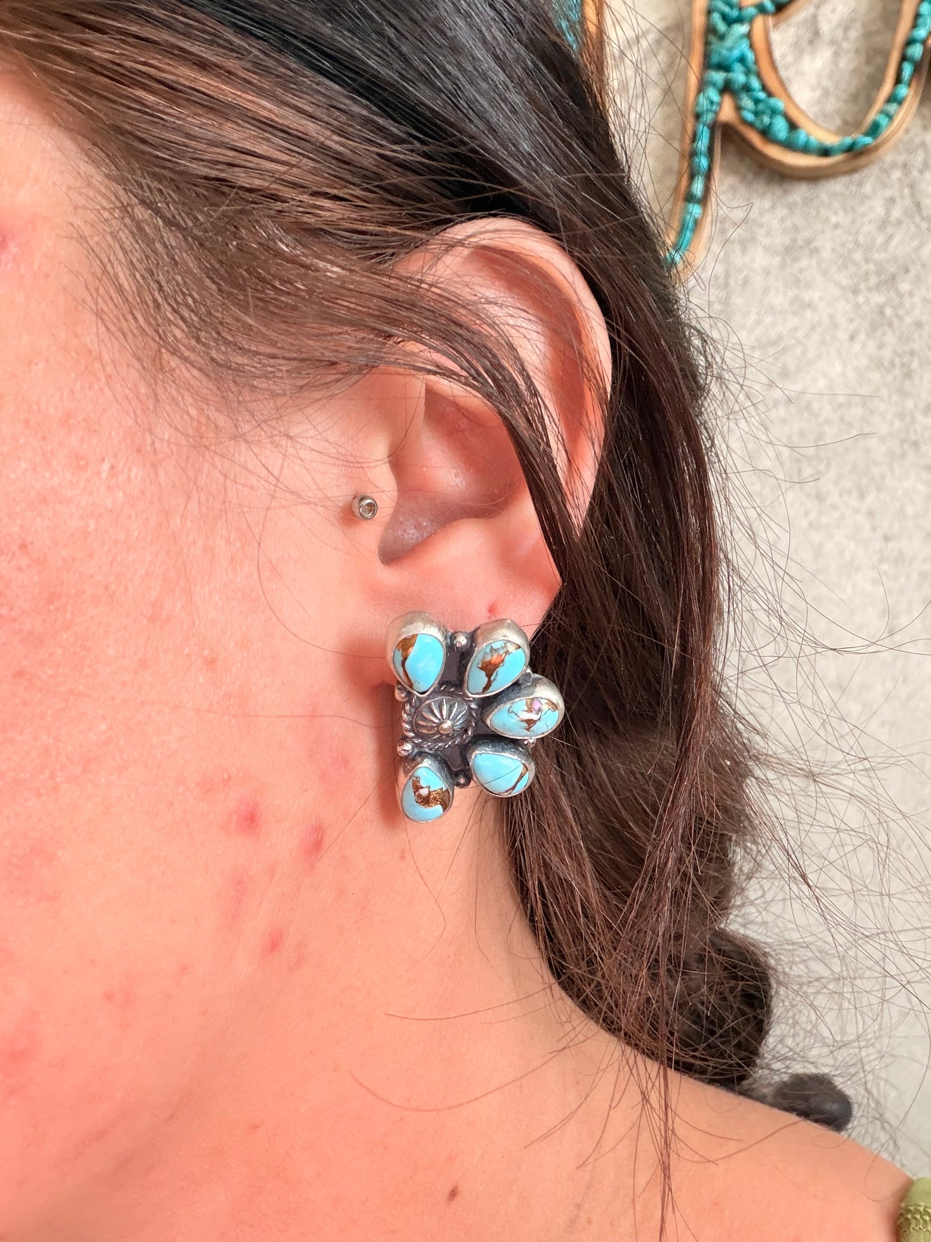 Navajo Made Cotton Candy Dahlia & Sterling Silver Post Cluster Earrings