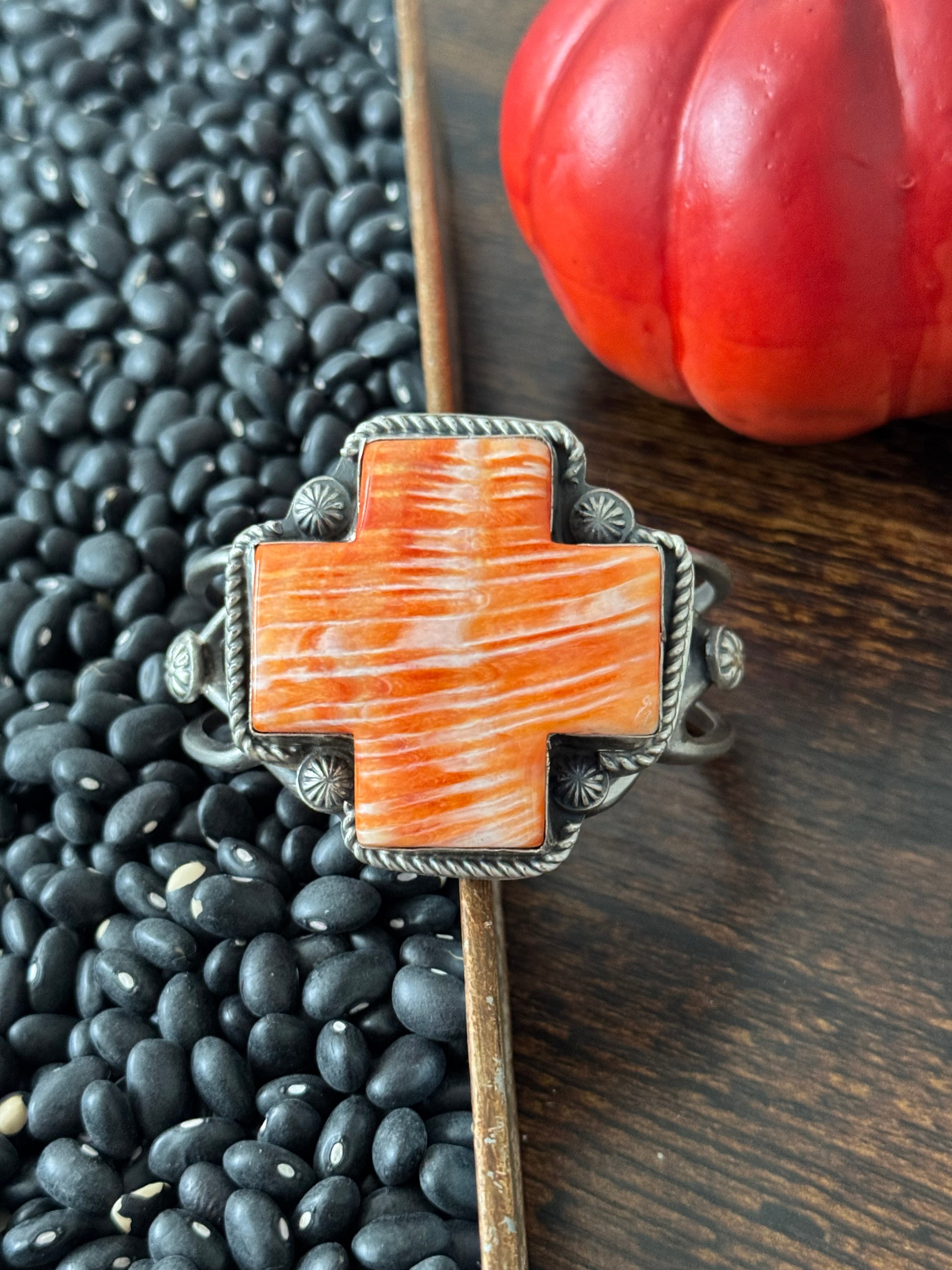 Navajo Made Spiny Oyster & Sterling Silver Cuff Bracelet