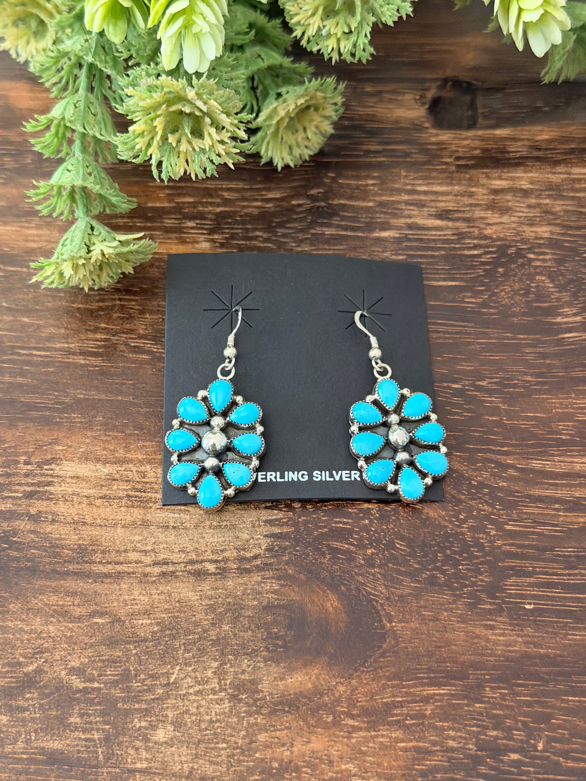 Navajo Made Sleeping Beauty Turquoise & Sterling Silver Dangle Cluster Earrings