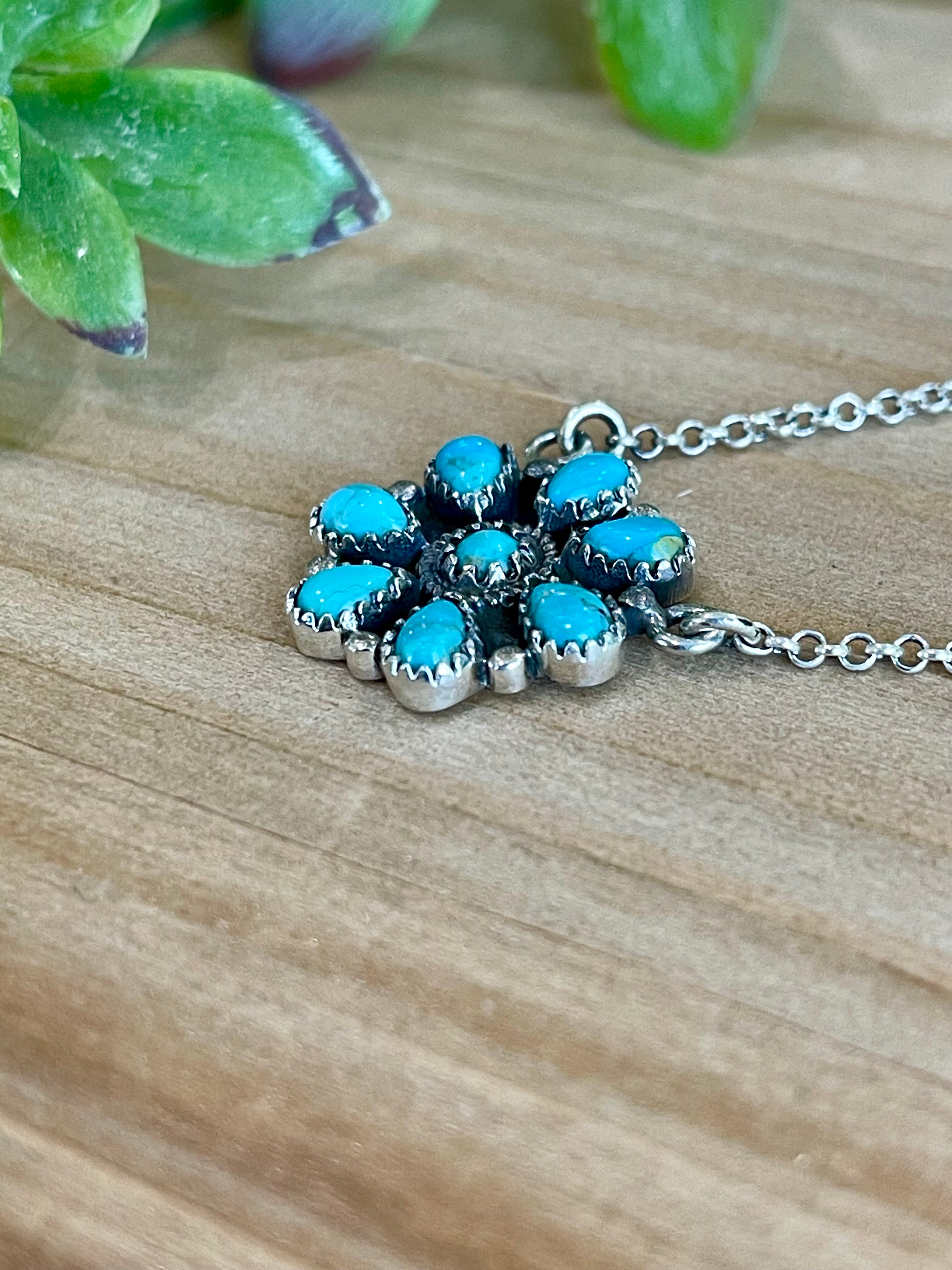 Southwest Handmade Kingman Turquoise & Sterling Silver Cluster Flower Necklace