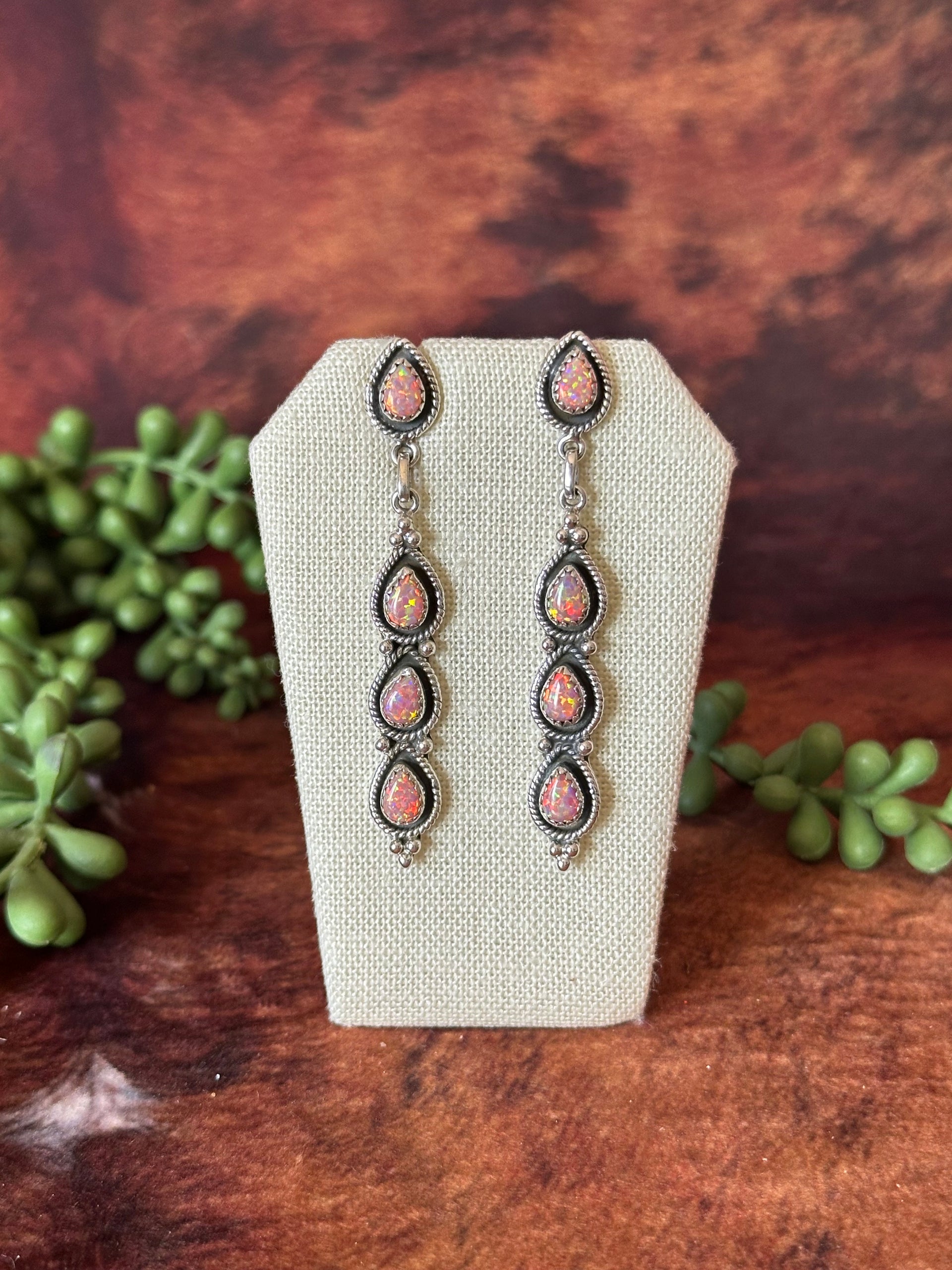 Southwest Handmade Pink Opal & Sterling Silver Post Dangle Earrings