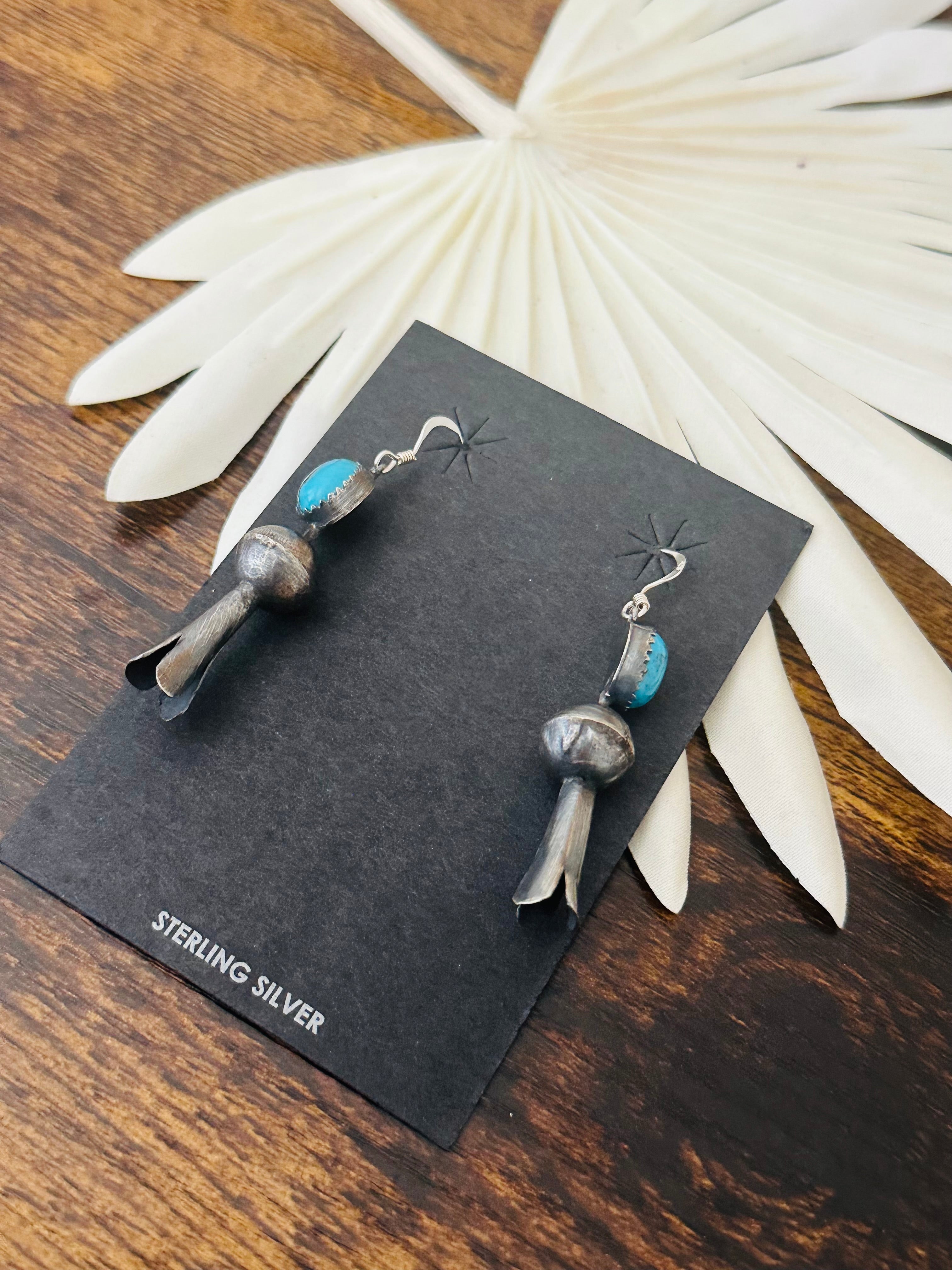 Navajo Made Kingman Turquoise & Sterling Silver Blossom Dangle Earrings