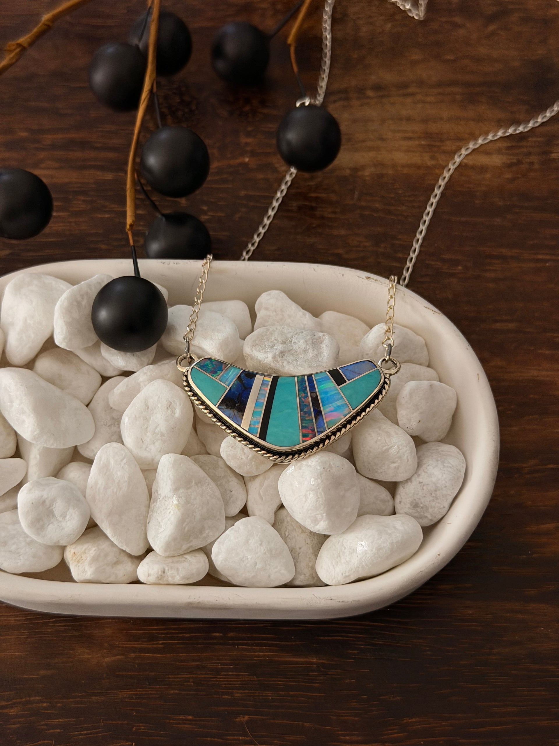 Navajo Made Multi Stone & Sterling Silver Inlay Necklace