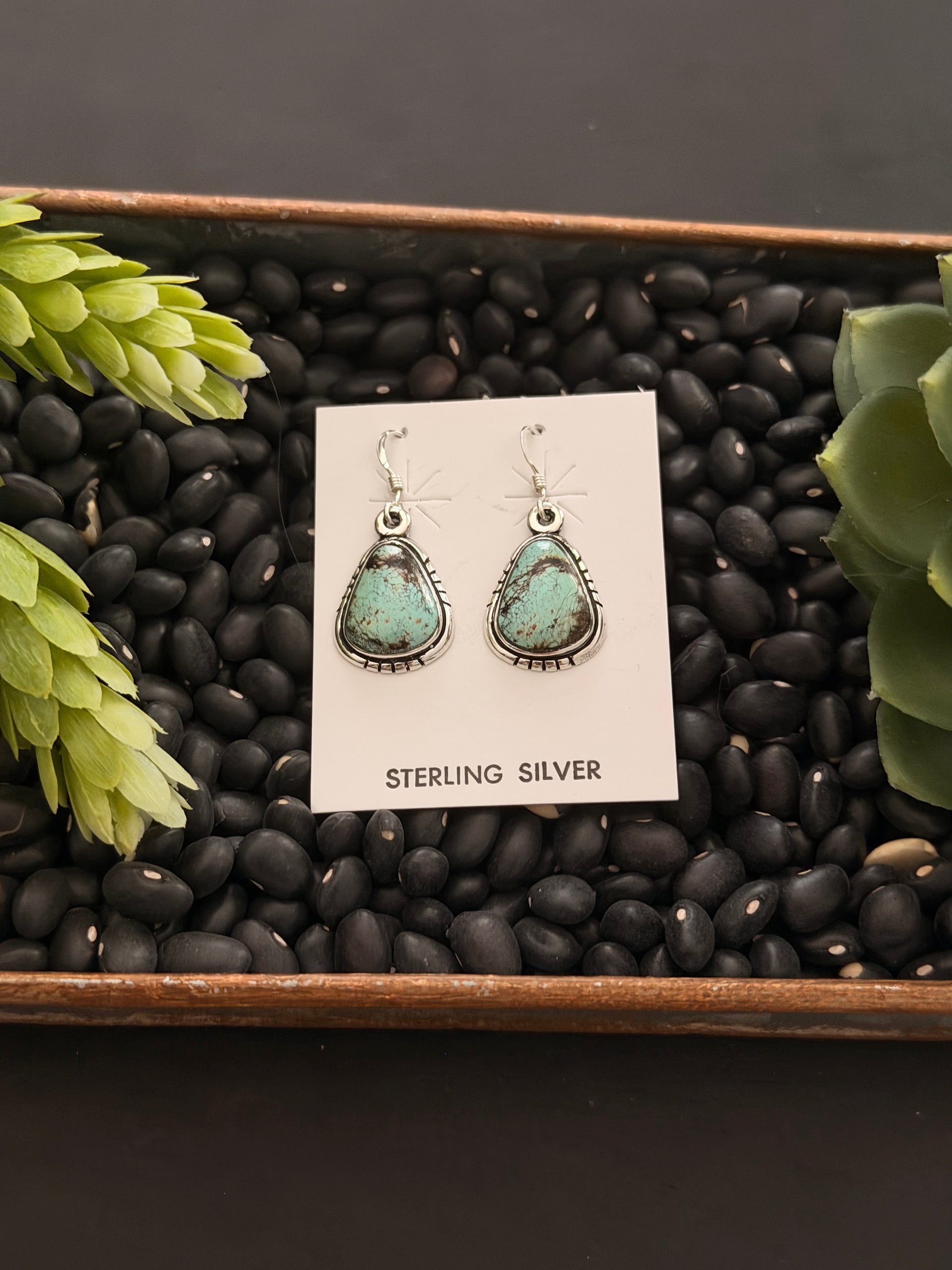 Navajo Made Black Jack Turquoise & Sterling Silver Dangle Earrings