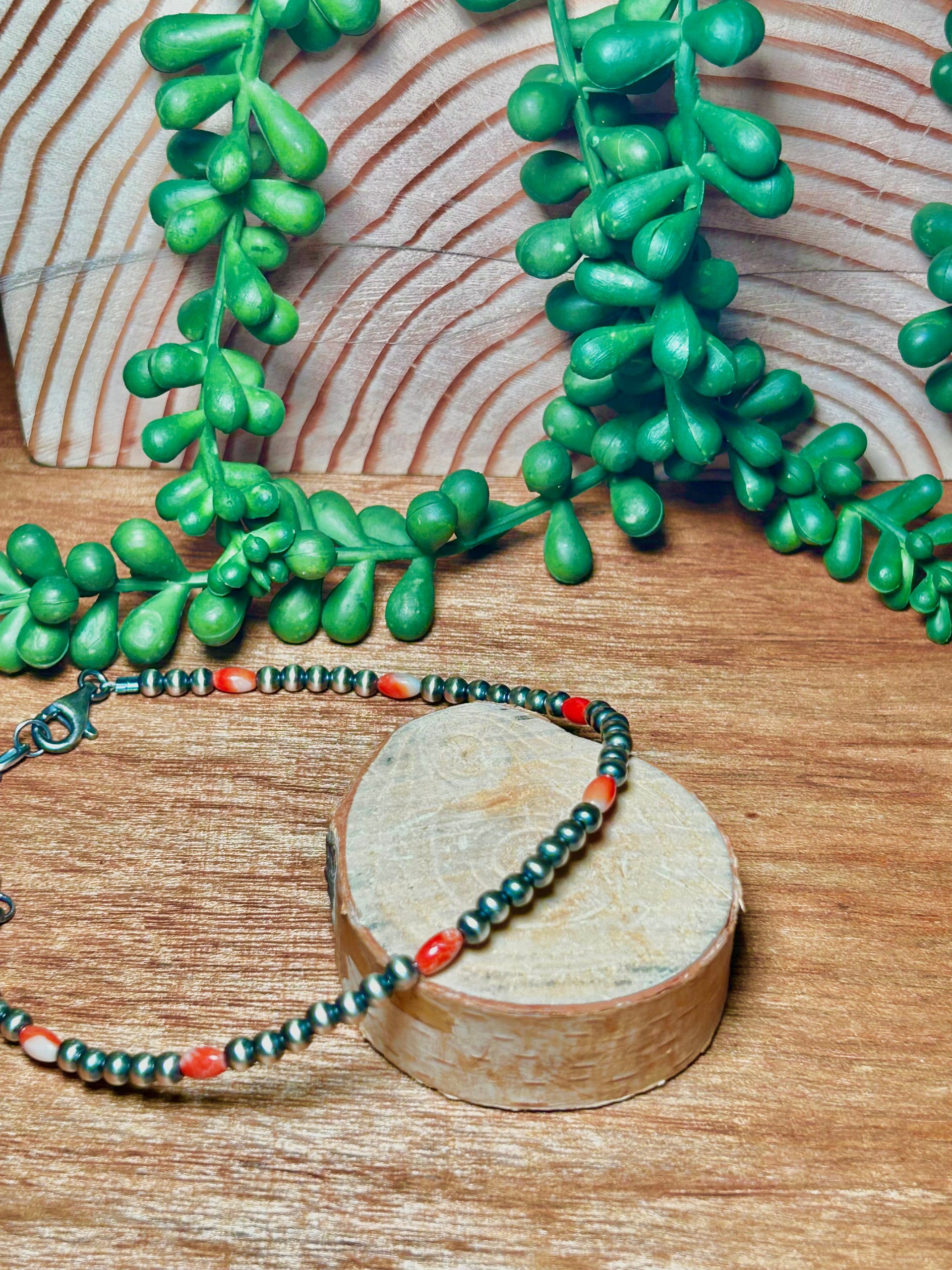 Navajo Made Spiny Oyster &  Sterling Silver Strung 4 MM Anklet