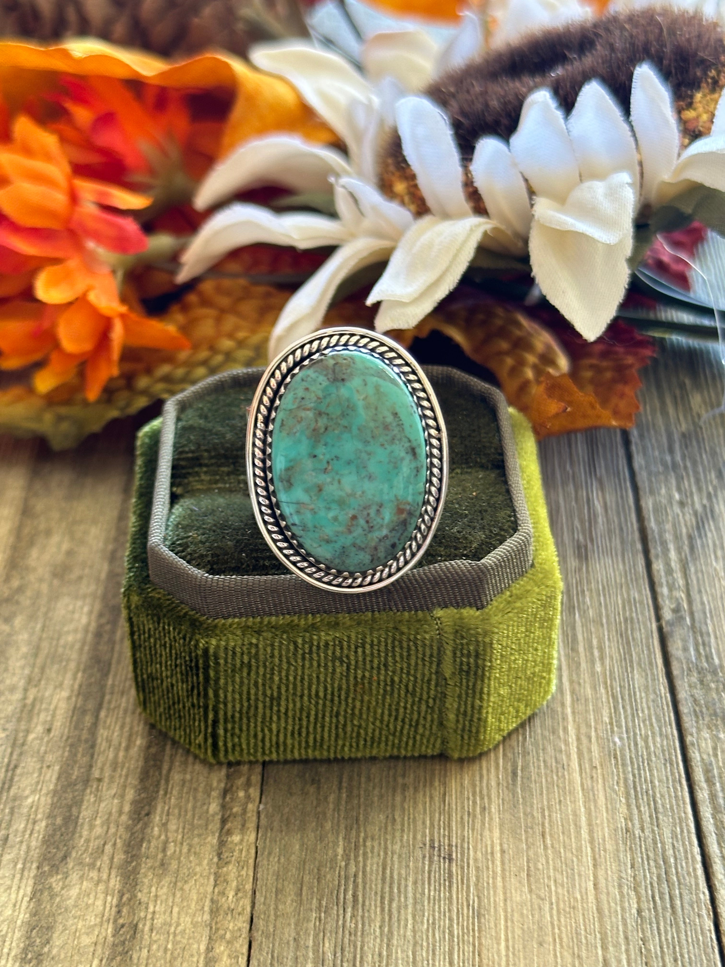 Southwest Handmade #8 Turquoise & Sterling Silver Adjustable Ring